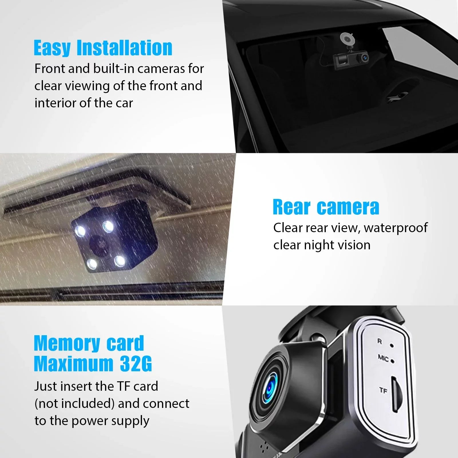 3 Channel Dash Cam Front and Rear Inside /32GB  Card, Full  1080P Dash Camera for Cars, Dashcam Three Way Triple Car Camera / Night Vision, Loop Recording, -Sensor, Parking Monitor