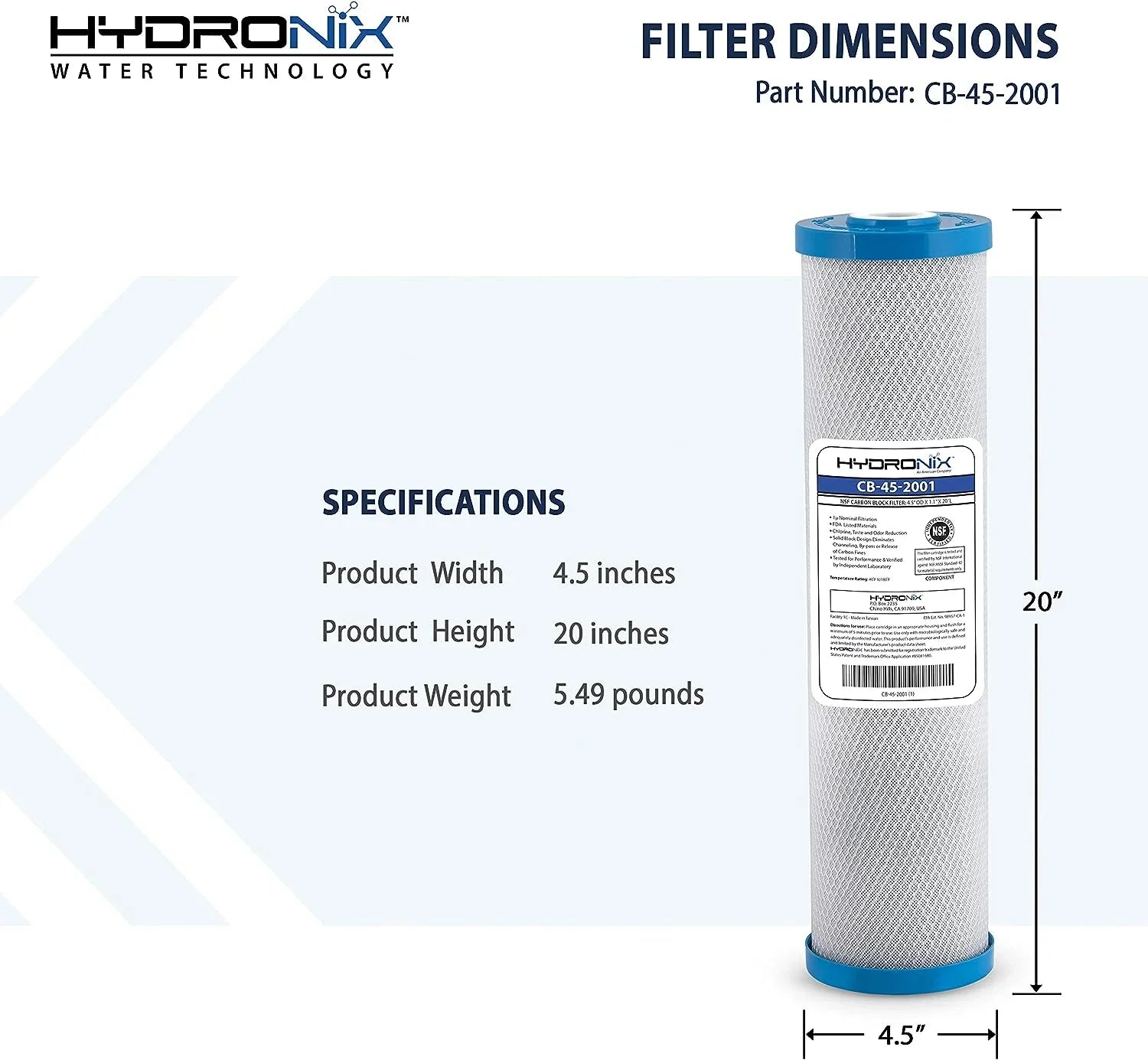 Hydronix -45-2001 Replacement Carbon Water Filter  20-inch x 4.5-inch 1 Micron
