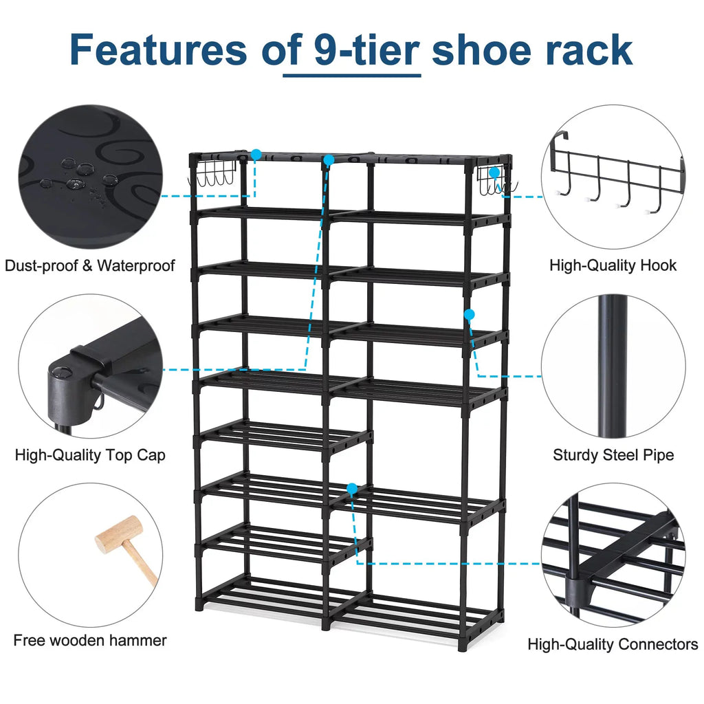 Fiuion Shoe Rack Organizer  9 Tiers Shoe Storage Shelf 32-40 Pairs Shoe Stand for Closet Boot Organizer with 2 Hooks Removable Dustproof Large Stackable Shoe Tower for Shoe Boot Storage, Black