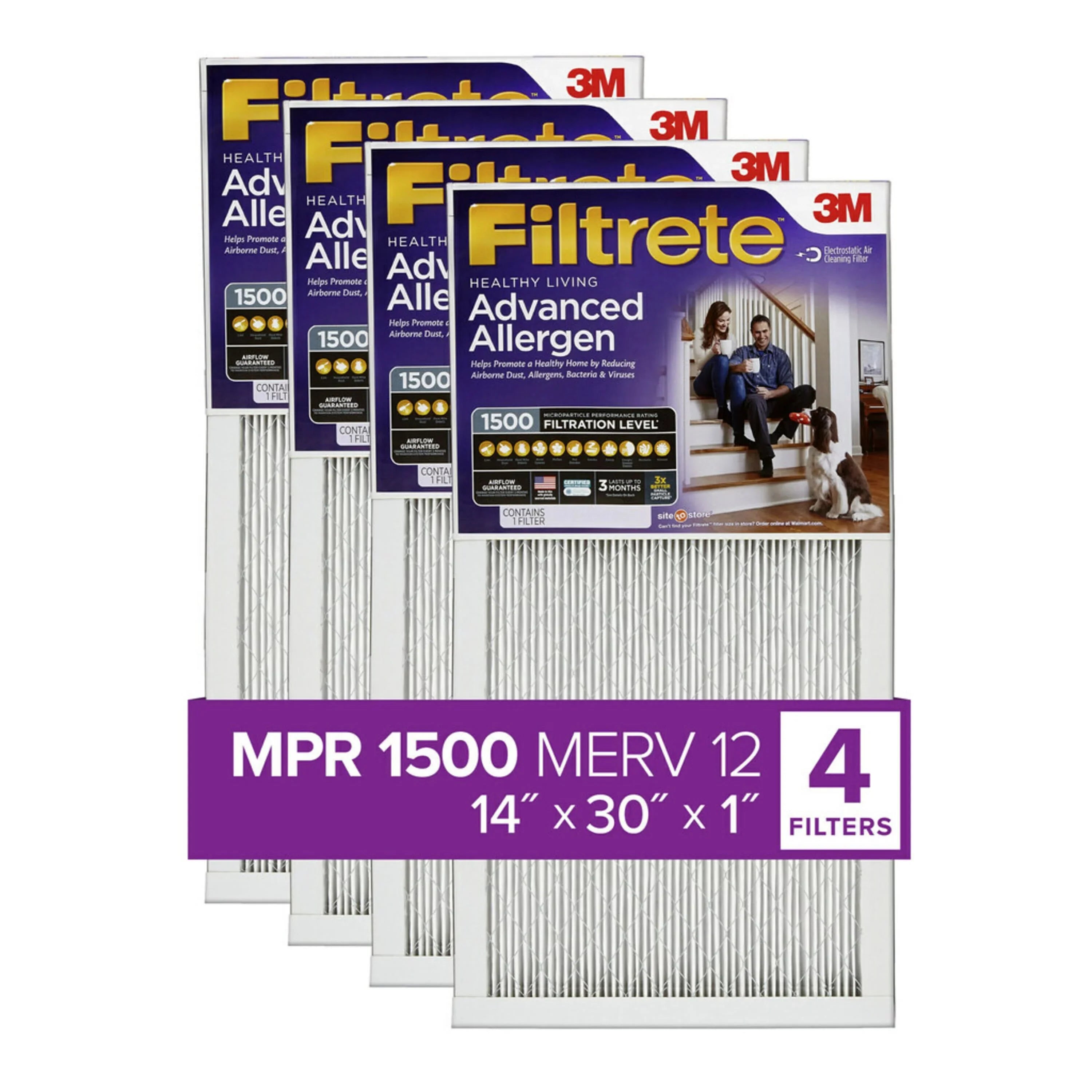 Filtrete 14x30x1 Air Filter,  1500  12, Advanced Allergen Reduction, 4 Filters