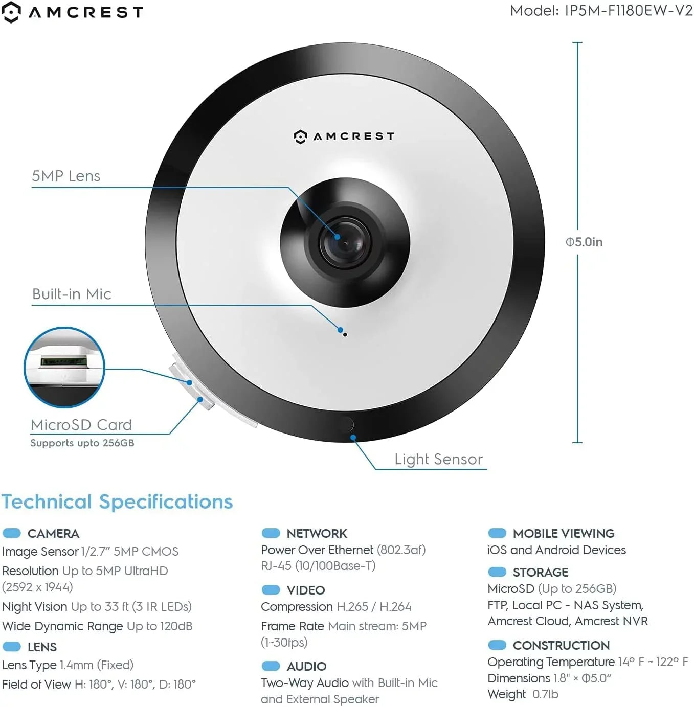 Amcrest 5-Megapixel Fisheye Camera, UltraHD Security PoE Camera Indoor, 1.4mm Lens, 33ft Nightvision, 360° Panoramic Camera Coverage, Cloud and MicroSD Recording, - (White)