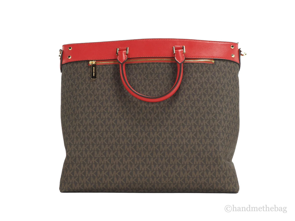 Michael Kors Travel Large Flame Signature Pvc Top Zip North South Tote Handbag