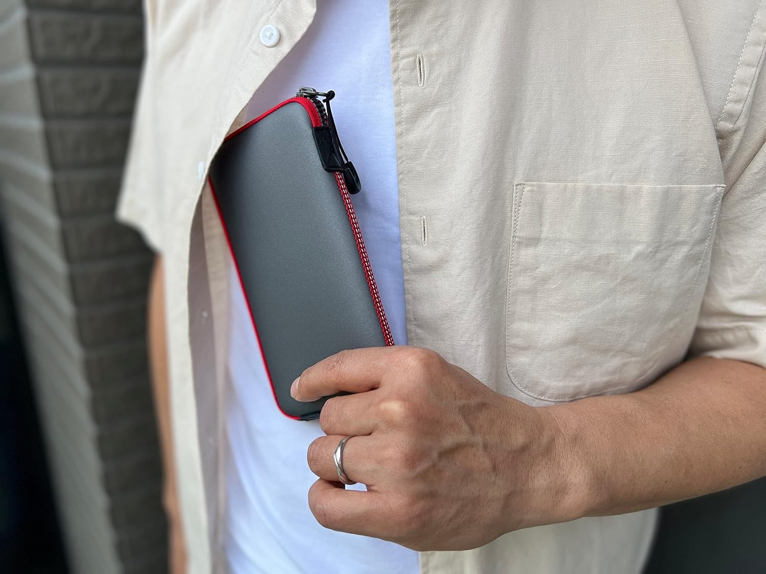 OneJoy Neoprene Cell Phone Pouch, Large Zipper Opening, Lightweight & Protective Phone Sleeves for iPhone Durable Phone Carrier Bag, Thermal Carrying Phone Pouch with Inner Pocket [GreyRed]