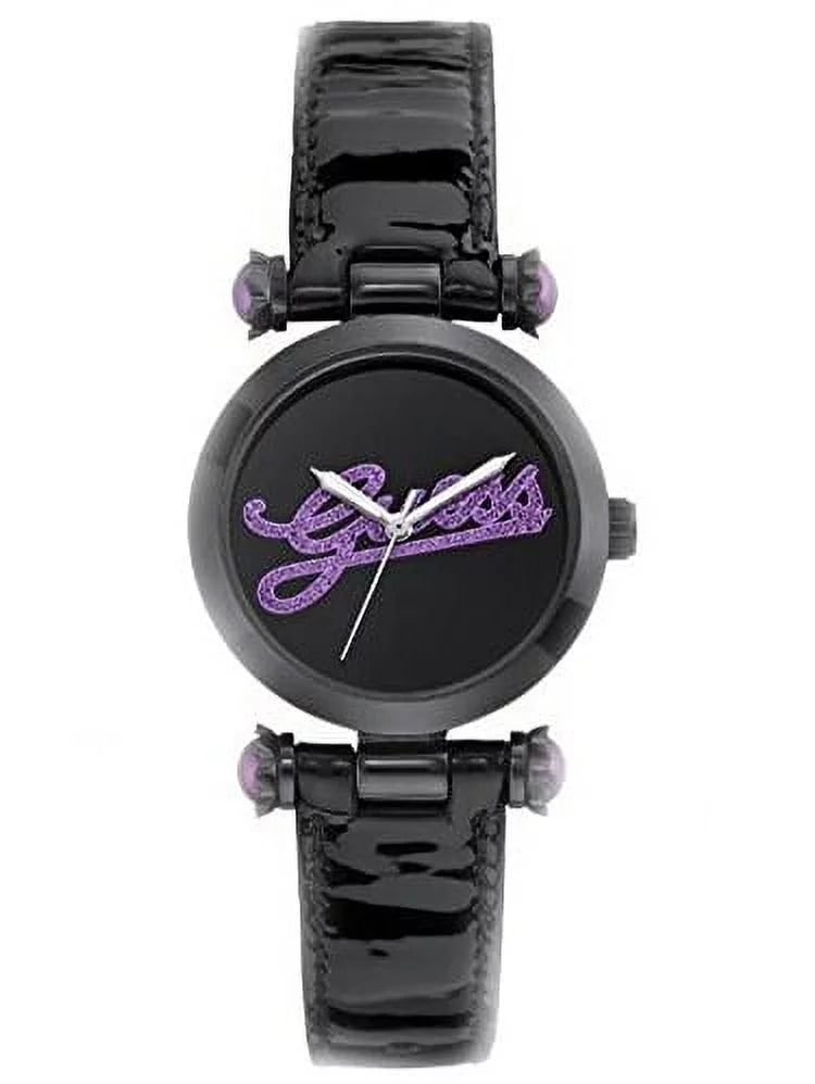 Women's On Trend Iconic Style Purple Glitz Logo Black Patent Leather Strap Watch