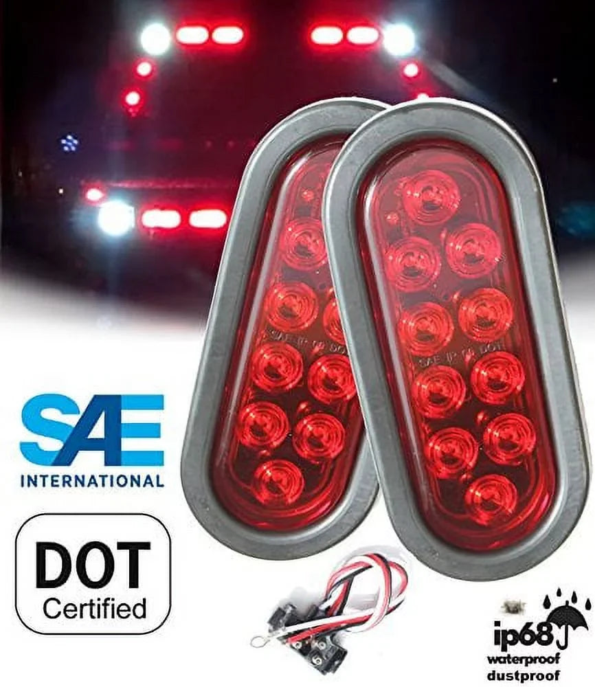 Pair ( 2 Pieces ) Solid  6" Oval Red Brake Stop Turn Tail Marker Signal Light for Truck Trailer Tractor Jeep w Grommet Pigtail Kit   Approved