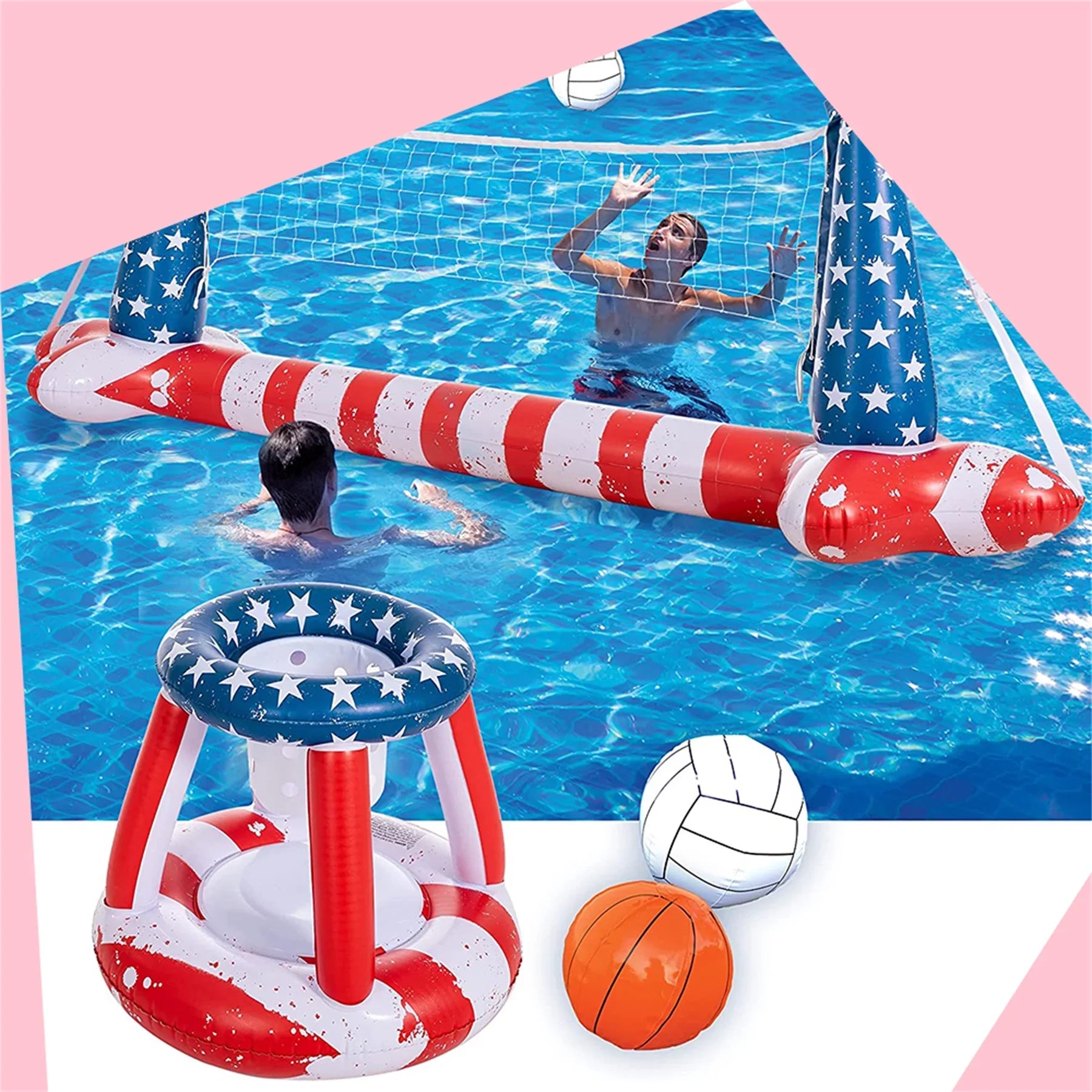 Inflatable Pool Flag Floats Set Volleyball Net & Basketball Hoops