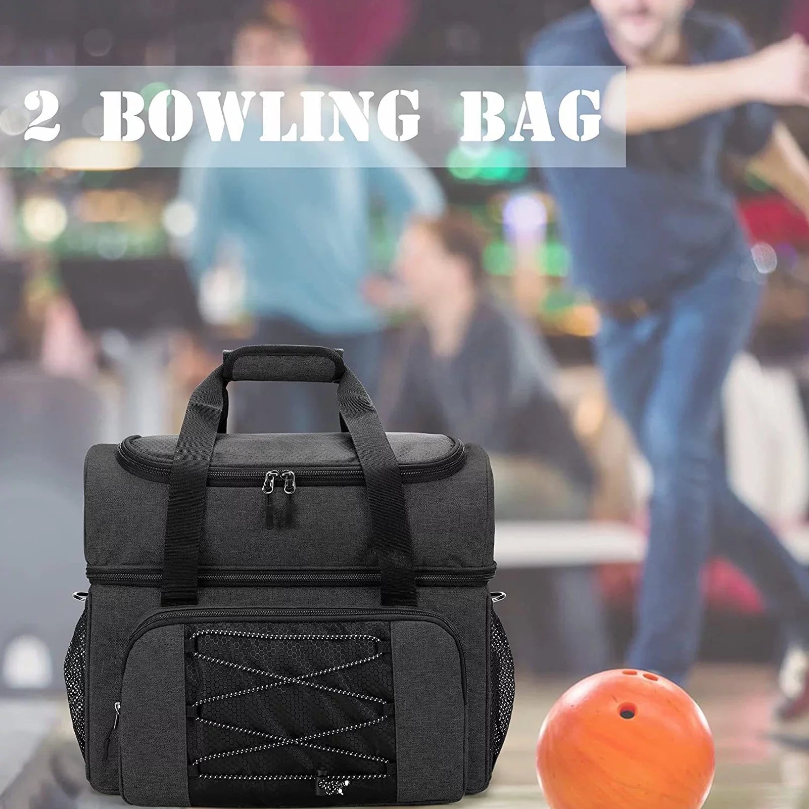 Suzicca Bowling Bag for 2 Balls Portable Bowling Tote Bag with Padded Ball Holder for Double Ball and Pair of Bowling Shoes up to Mens 16