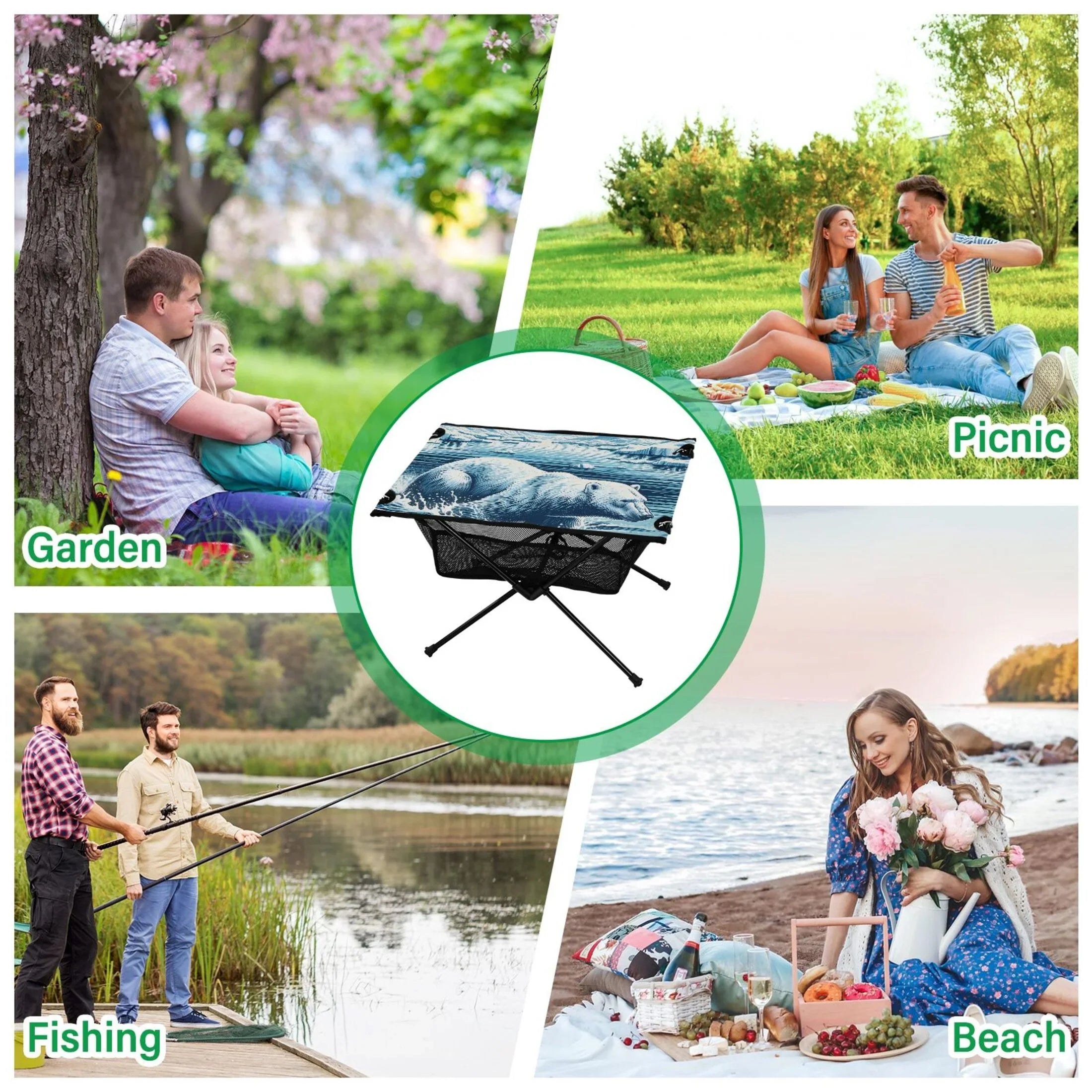 Polar Bear Swimming Camping Folding Table Portable Beach Table with Storage Bag Compact Picnic Table for Outdoor Travel Fishing