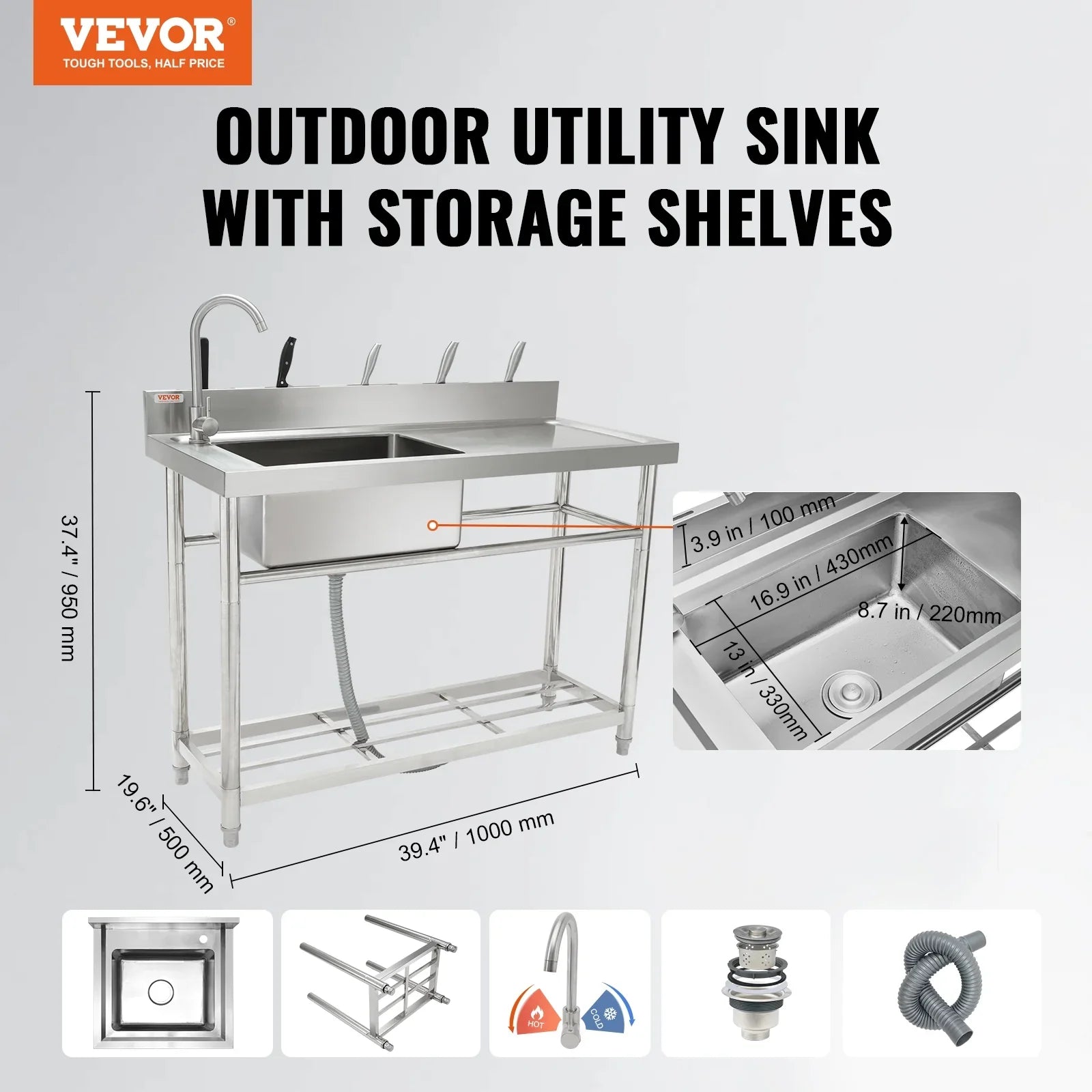 Stainless Steel Utility Sink Single Bowl w/Workbench 39.4 x 19.1 x 37.4 in