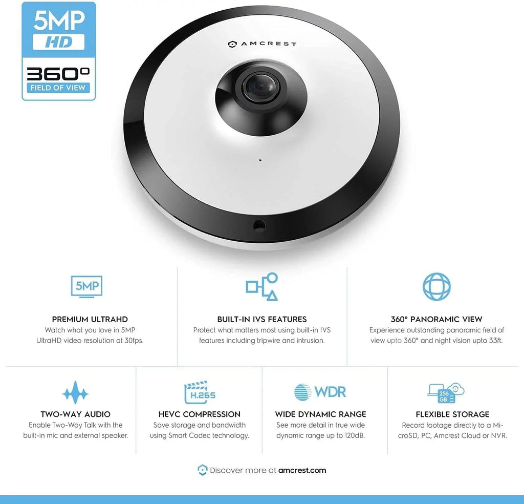 Amcrest 5-Megapixel Fisheye Camera, UltraHD Security PoE Camera Indoor, 1.4mm Lens, 33ft Nightvision, 360° Panoramic Camera Coverage, Cloud and MicroSD Recording, - (White)
