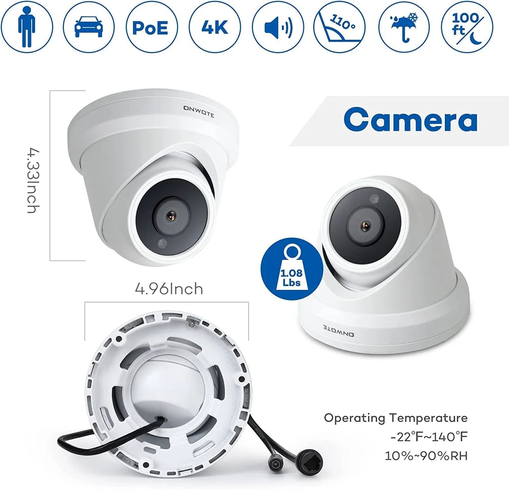 16 Channel 4K 8MP PoE Security Camera System, -Human-Detection, 16CH 8MP  with 4TB  for 24/7 Recording, 8pcs Commercial 4K PoE  Cameras Wired with Audio, 2-Storage-Bay