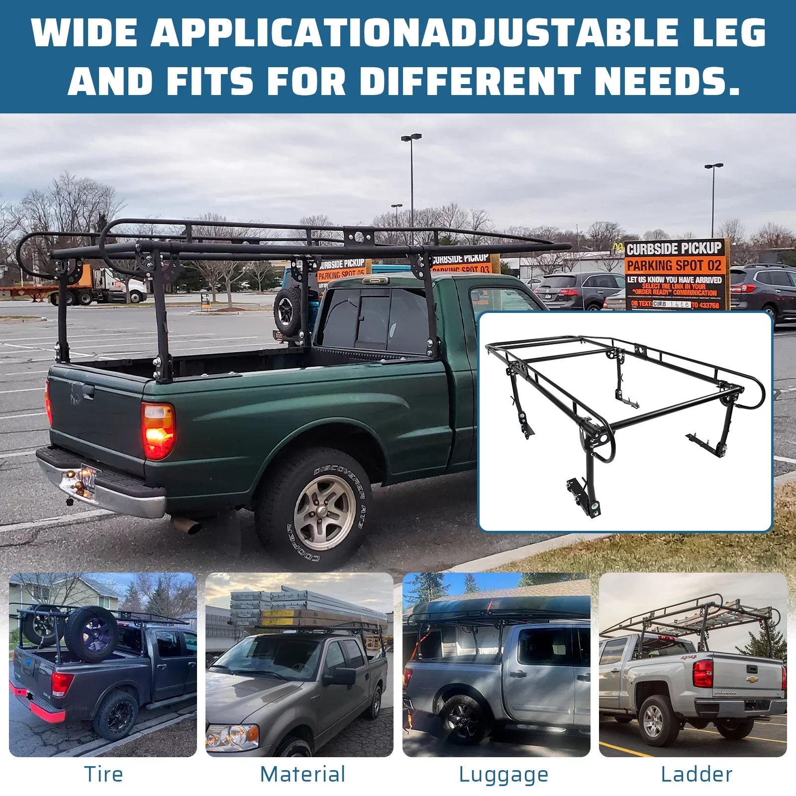 60" Over-Cab Truck Rack 1000 Lbs Adjustable Truck Ladder Rack Pickup Lumber Utility Kayak Rack Full Size