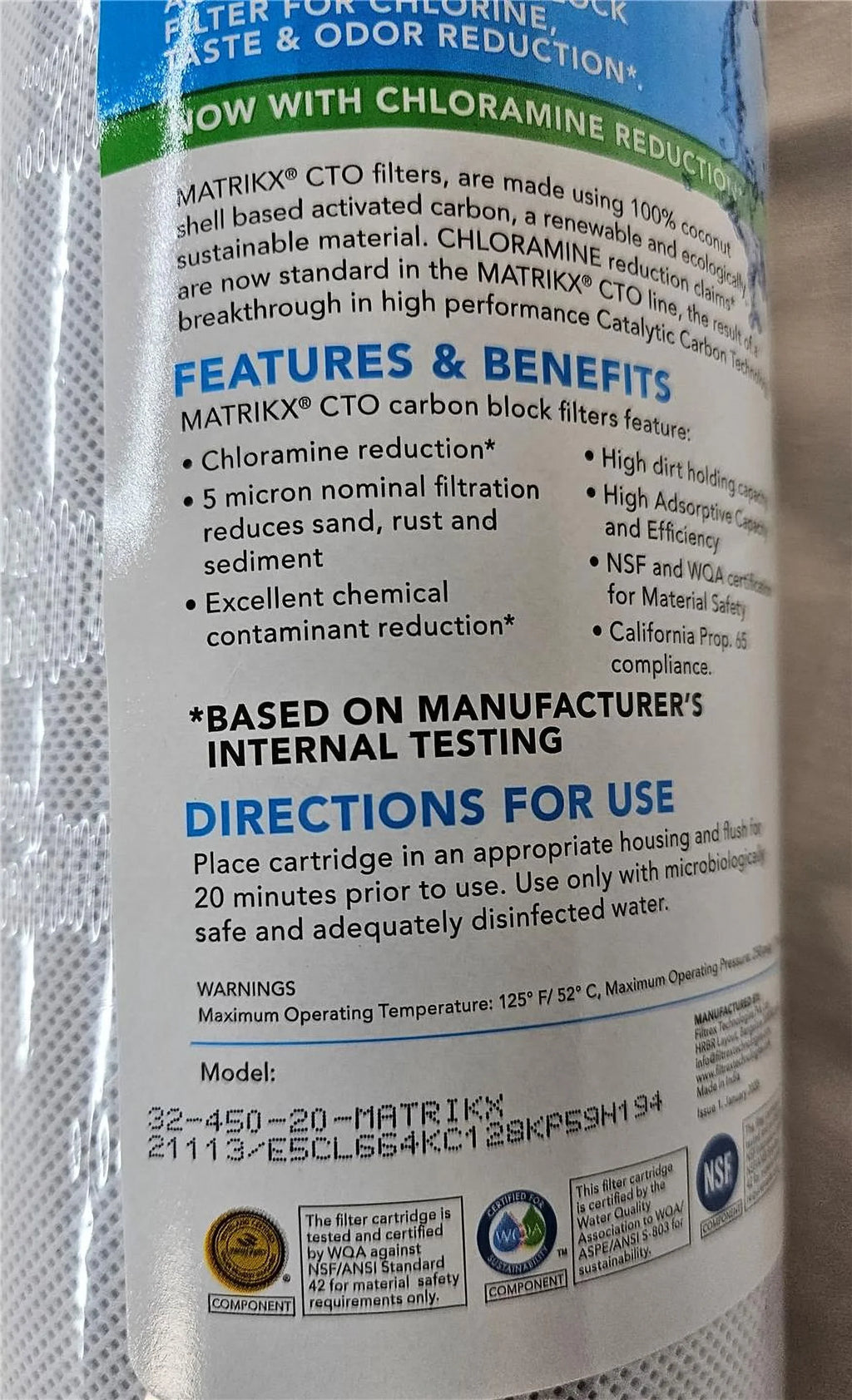 MatriKX (32-450-20-) 20"x4.5"  Carbon Block Chlorine Reduction 5 Micron Filter
