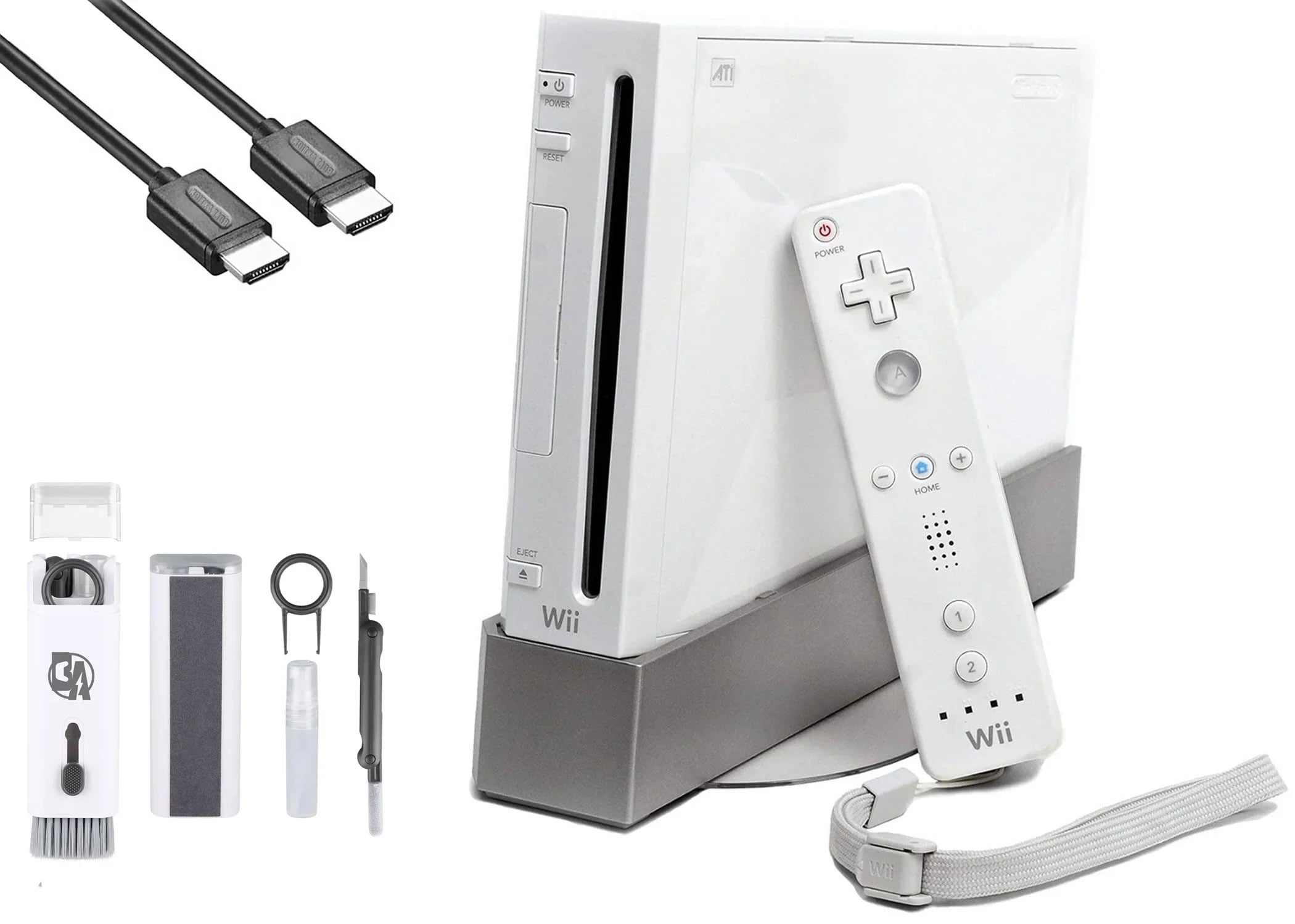 Nintendo Wii White Gaming Console +  Cable Cleaning Kit   Bundle Like New