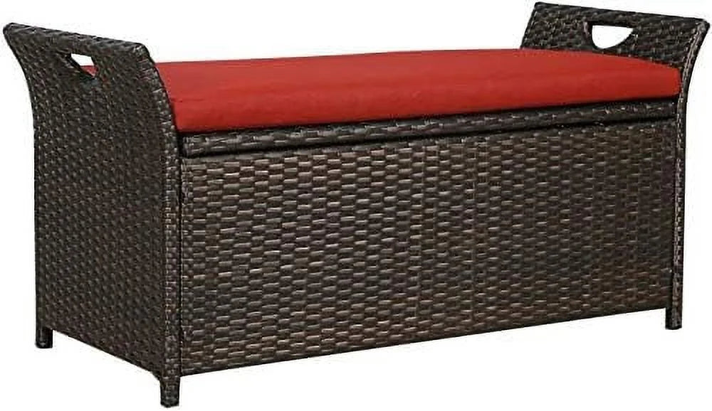Outdoor Deck  Box  Patio Wicker  Bench  Rattan  Bins with Cushion (Red)