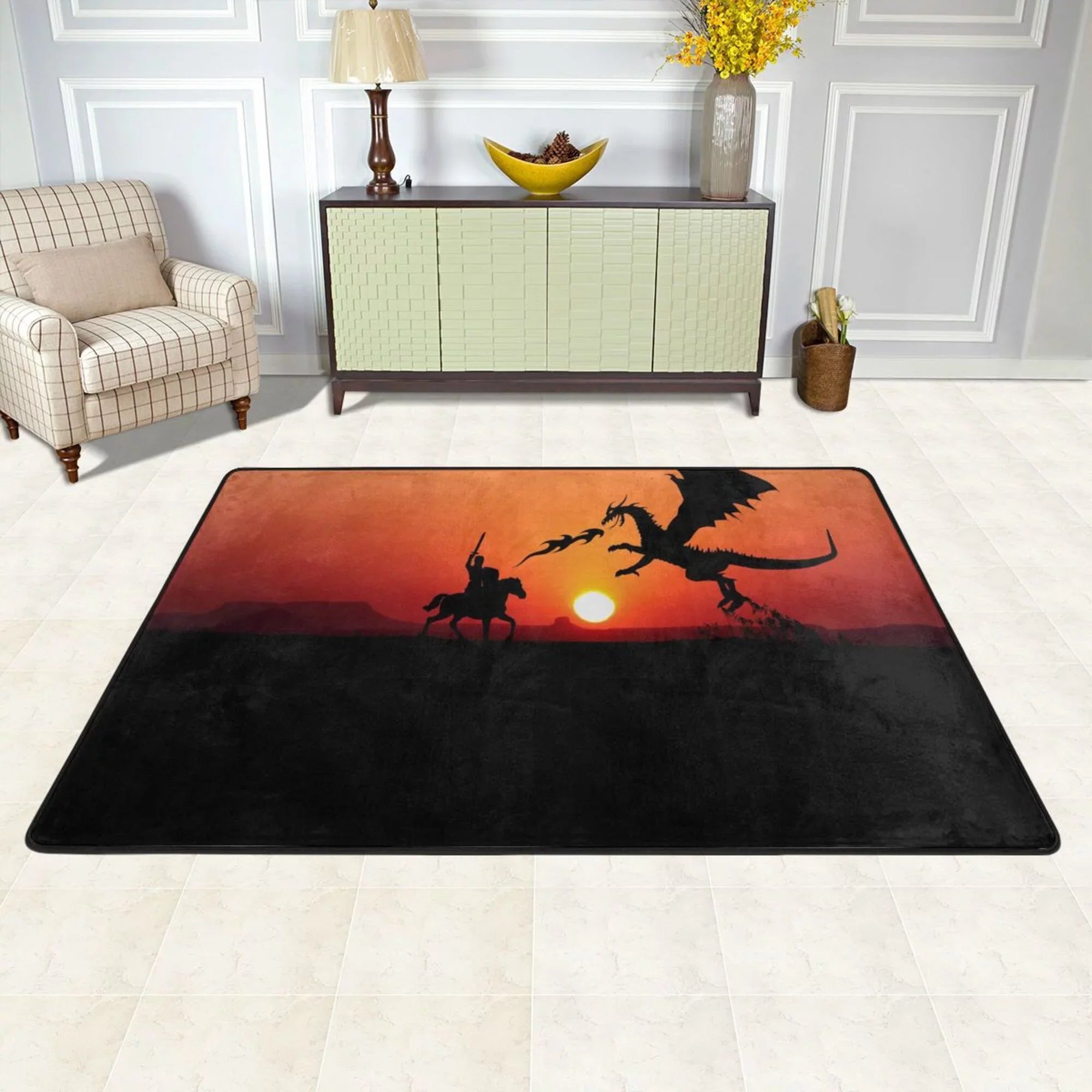 Sunset Dragon Knight Area Rugs Doormat , Facecloth Non-Slip Floor Mat Rug for Living Room Kitchen Sink Area Indoor Outdoor Entrance 72"x48"