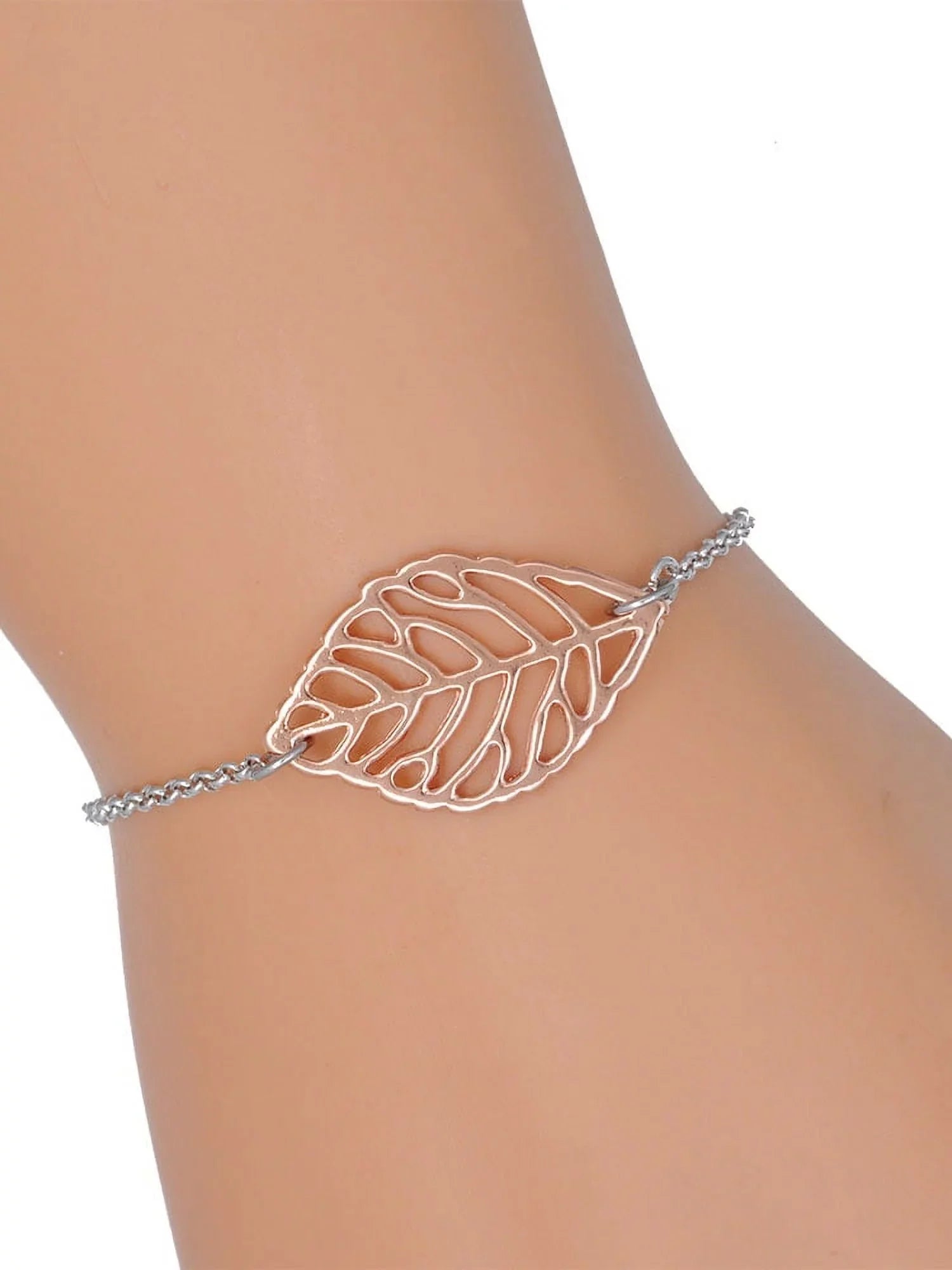 Delight Jewelry Silvertone Antiqued Four Leaf Clover - Rose Goldtone Leaf Delicate Bracelet, 6.25+1.75"