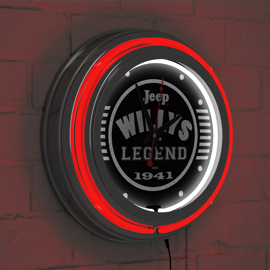 Neon Wall Clock-Jeep Willys Legend Black Double Rung Analog Clock with Pull Chain-Pub, Garage, or Man Cave Accessories (Red)