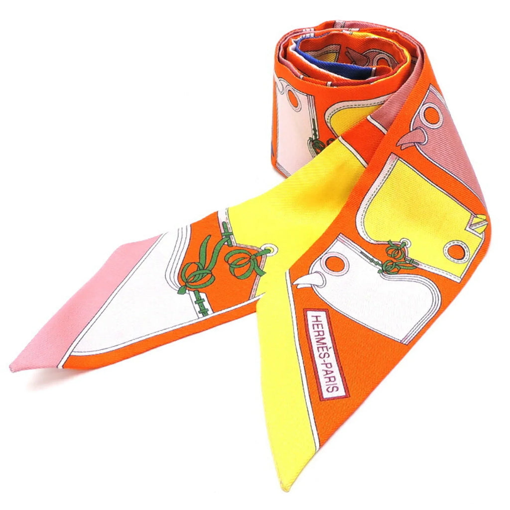 Pre-Owned Hermes Twilly Camails Women's Scarf Muffler 100% Silk Orange (Good)