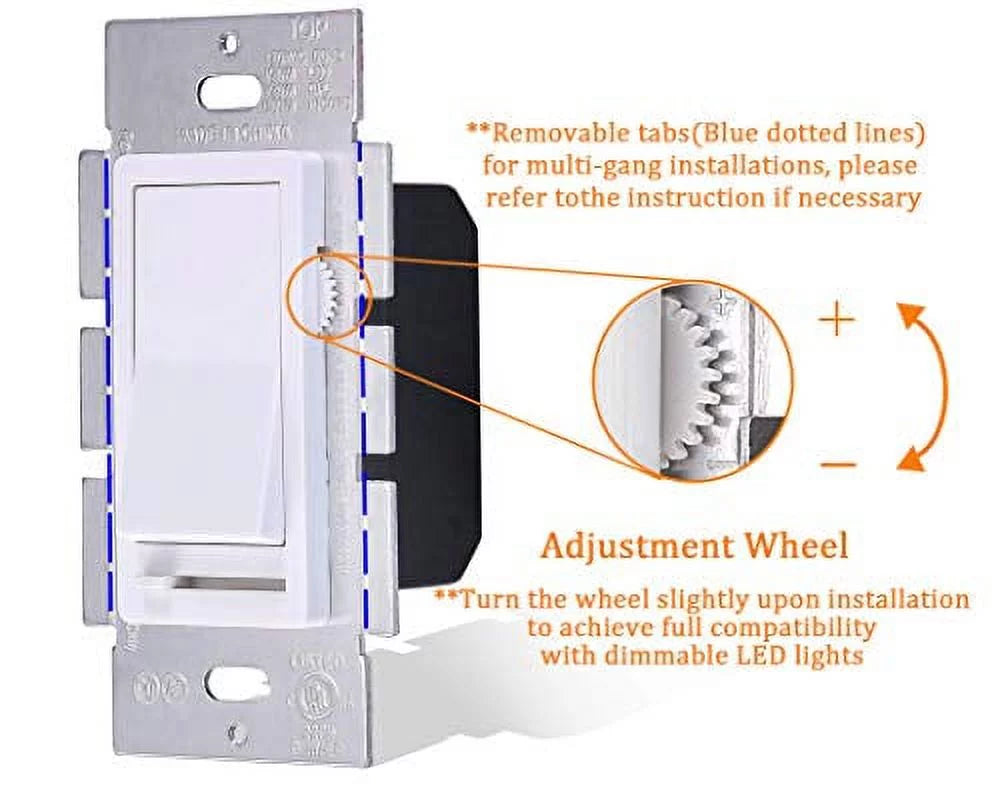 Cloudy Bay in Wall Dimmer Switch for  Light//Incandescent,3-Way Single Pole Dimmable Slide,600 Watt max,Cover Plate Included