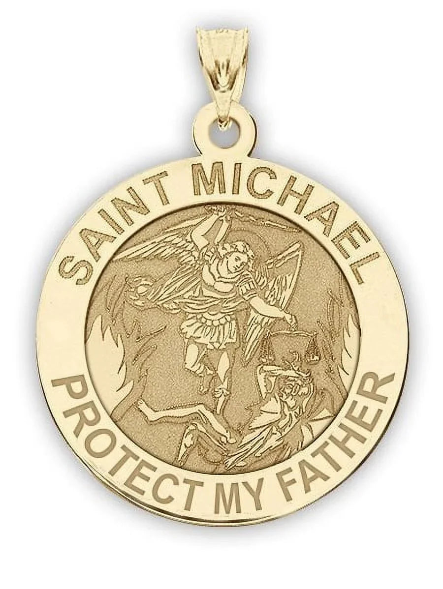 Saint Michael - Protect My Father - Religious Medal - 2/3 inch Size of Dime, Solid 14K Yellow Gold