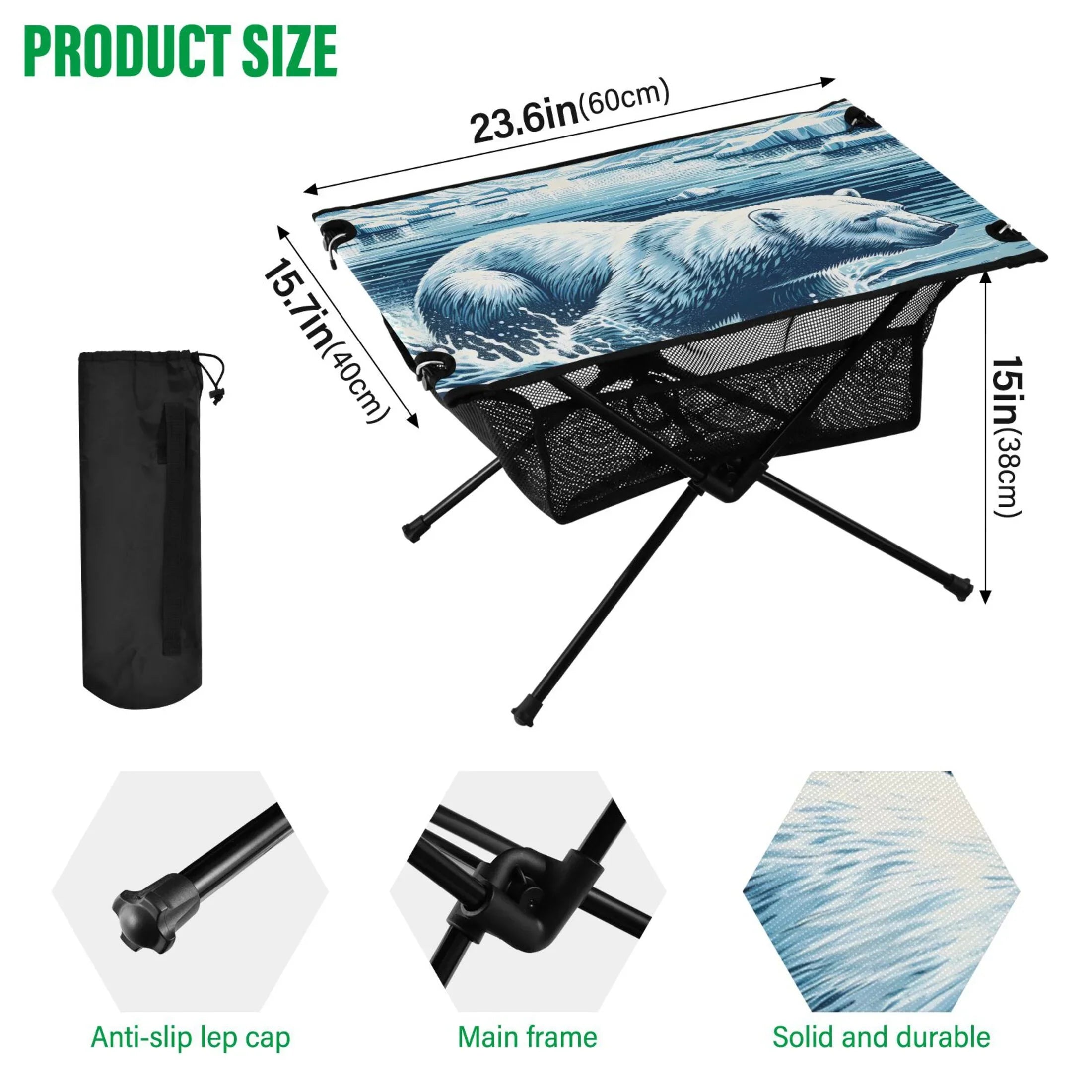 Polar Bear Swimming Camping Folding Table Portable Beach Table with Storage Bag Compact Picnic Table for Outdoor Travel Fishing