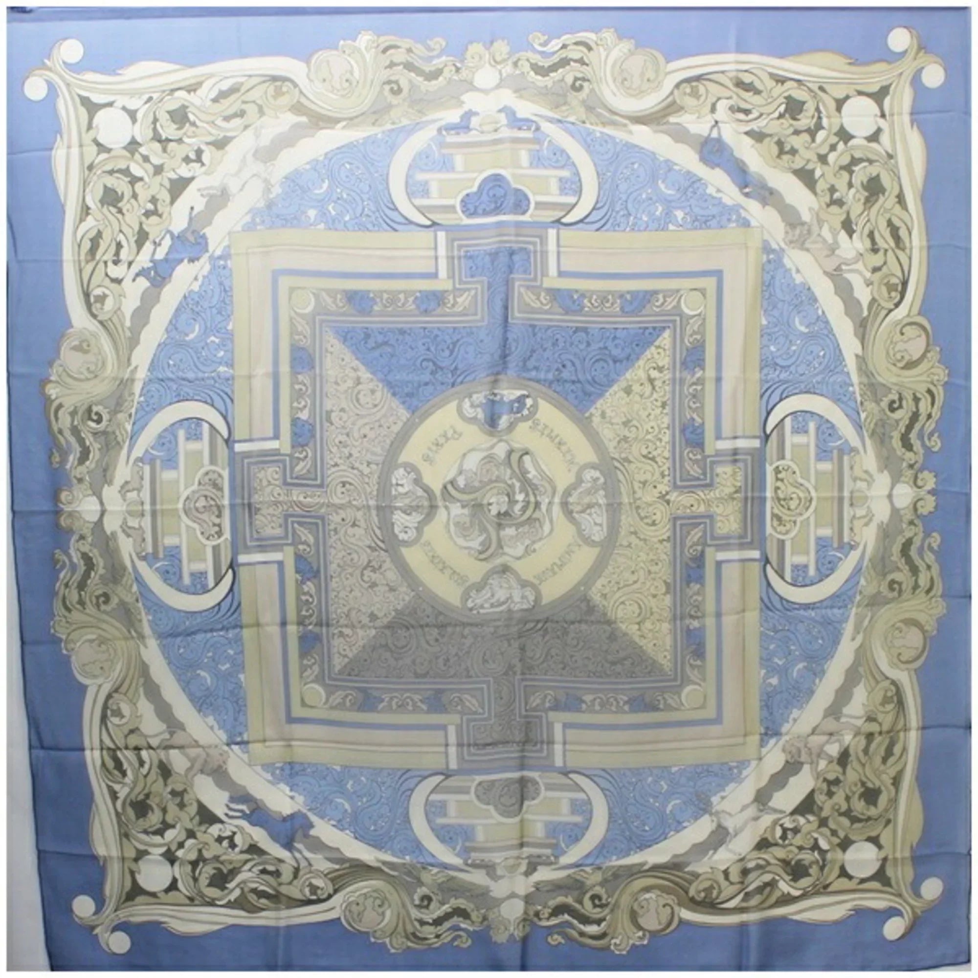 Pre-Owned Hermes Silk Scarf Muffler Carre 140 " " Animals of the Sun Blue  Ladies Chiffon (Good)