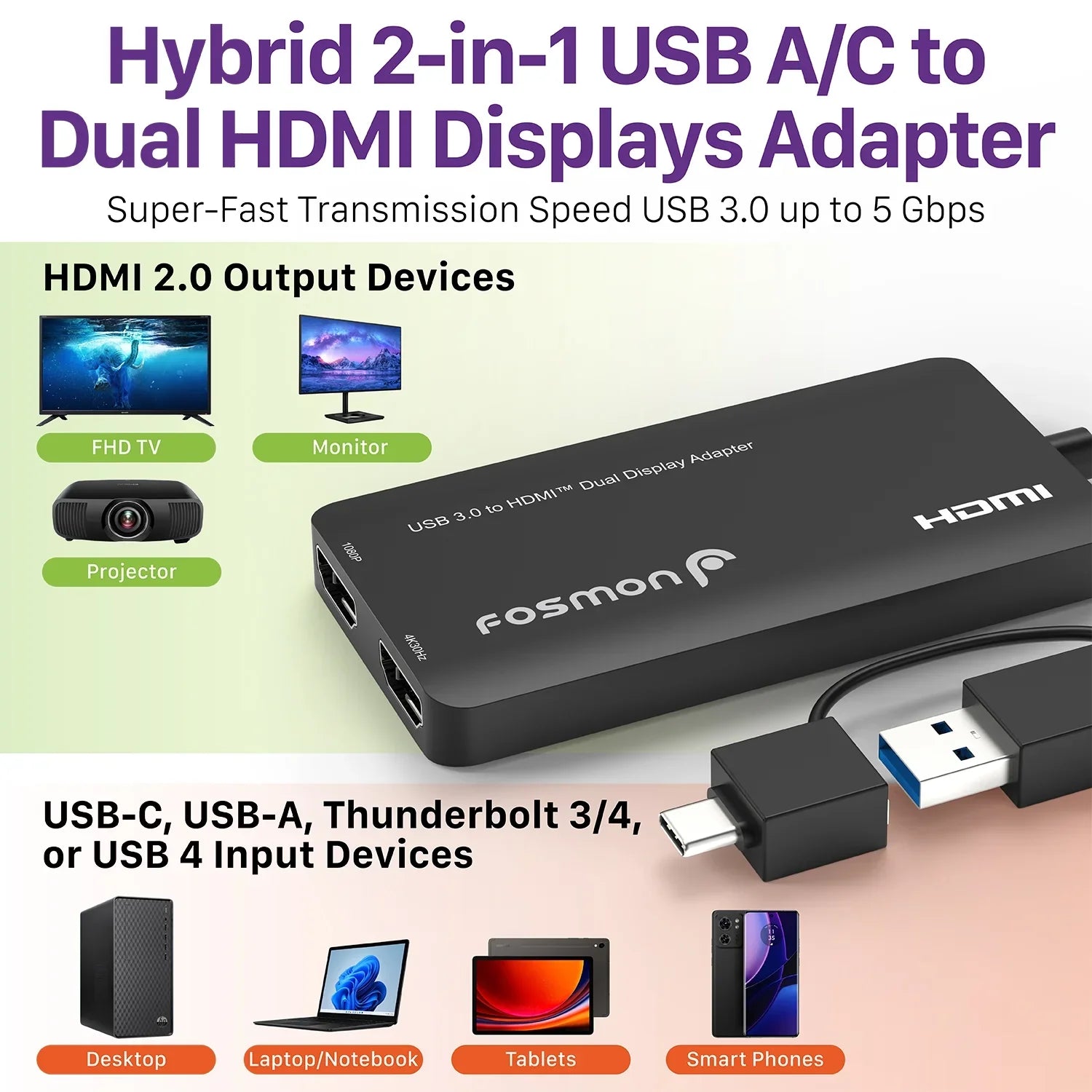 Fosmon  3.0 to  Dual Display Monitors Adapter, Video Graphics Adapter,  2.0 Splitter Support -, -,  4 Thunderbolt 3/4, 4K@30Hz+1080P@60Hz, 6 Monitor Displays for Windows & Mac