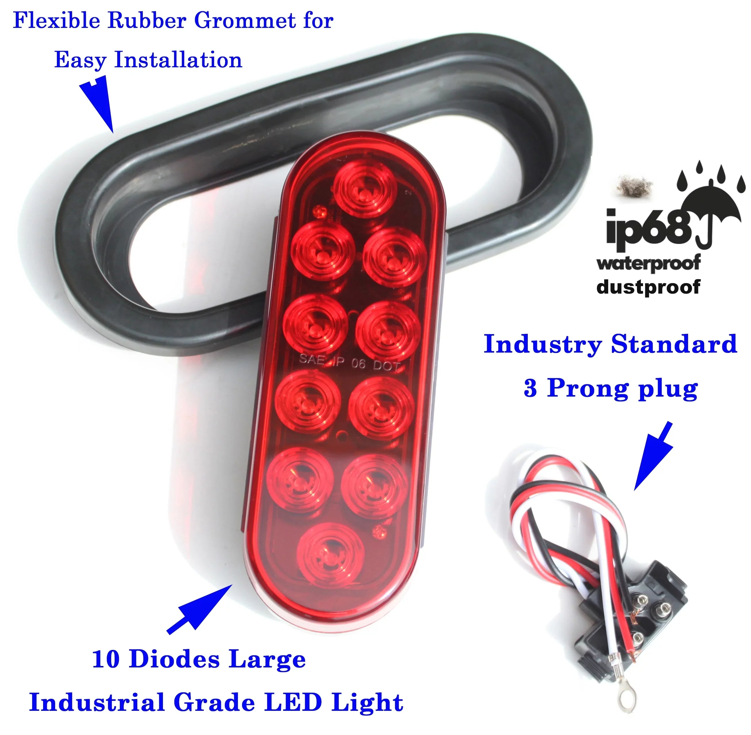 Pair ( 2 Pieces ) Solid  6" Oval Red Brake Stop Turn Tail Marker Signal Light for Truck Trailer Tractor Jeep w Grommet Pigtail Kit   Approved