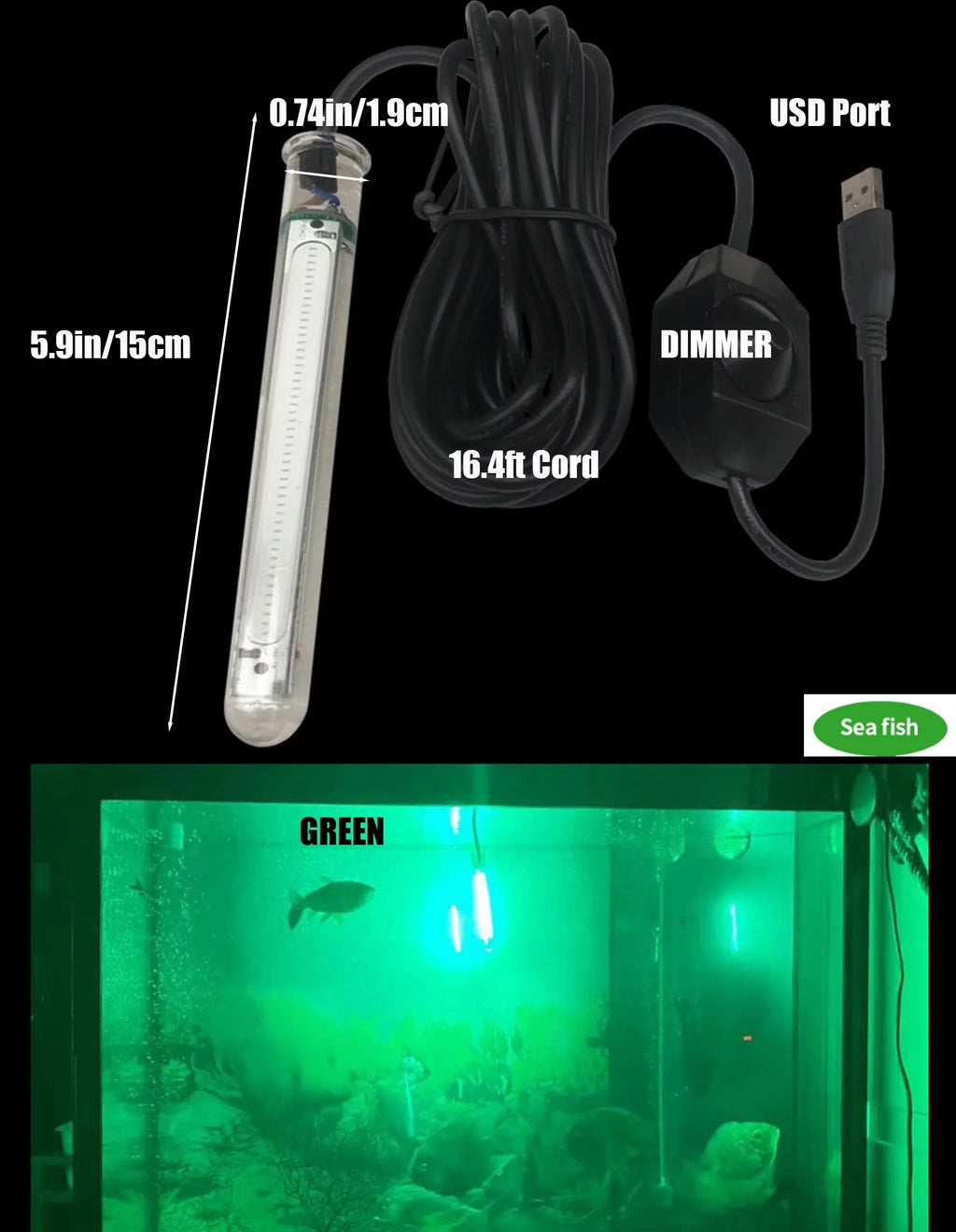FSLiving   Charging 5V Underwater Fishing Light Fish Attracting Light,Night Fishing Light Portable Dimmable Submersible Fishing Light 20W Finder for Camping 16.4ft - Green