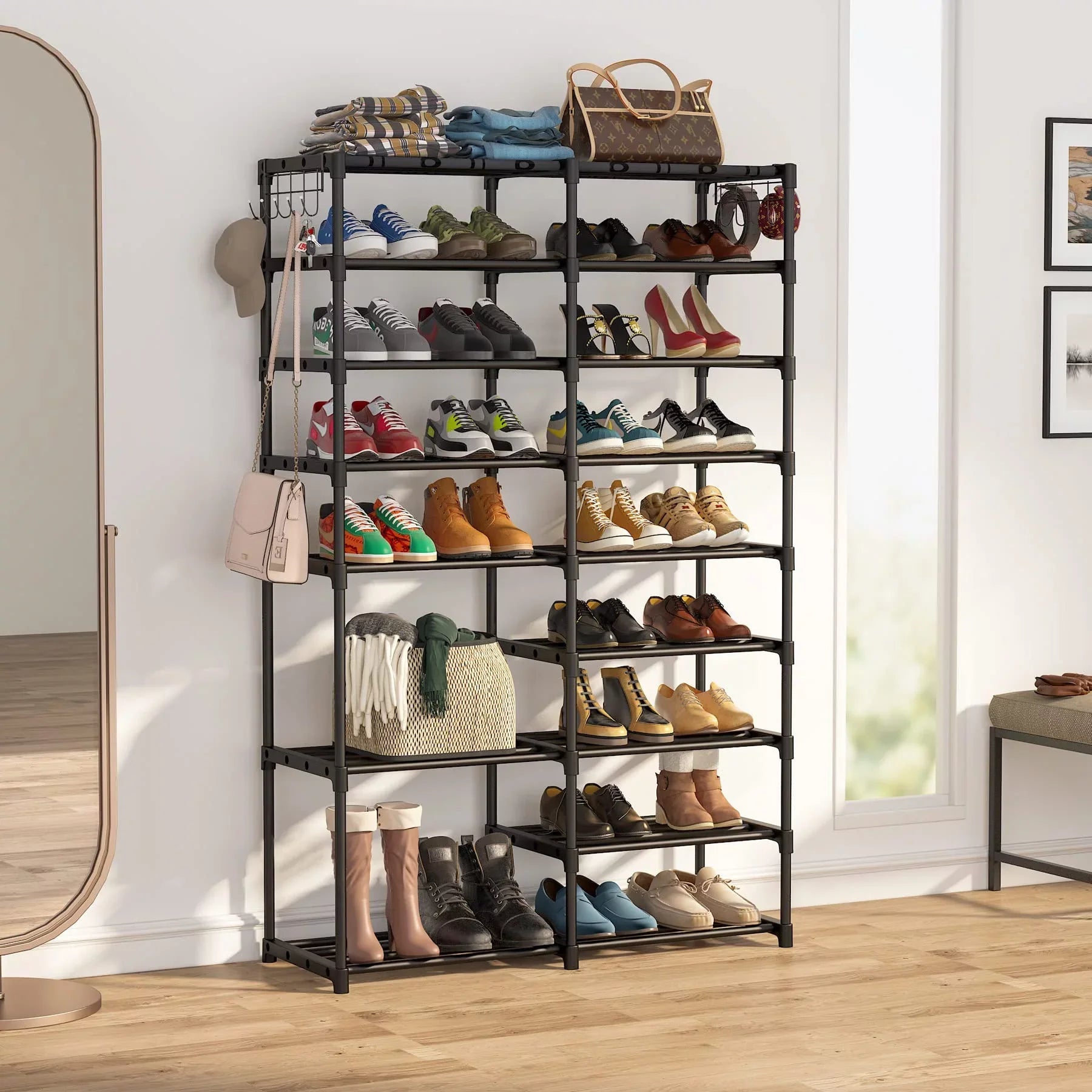 Fiuion Shoe Rack Organizer  9 Tiers Shoe Storage Shelf 32-40 Pairs Shoe Stand for Closet Boot Organizer with 2 Hooks Removable Dustproof Large Stackable Shoe Tower for Shoe Boot Storage, Black