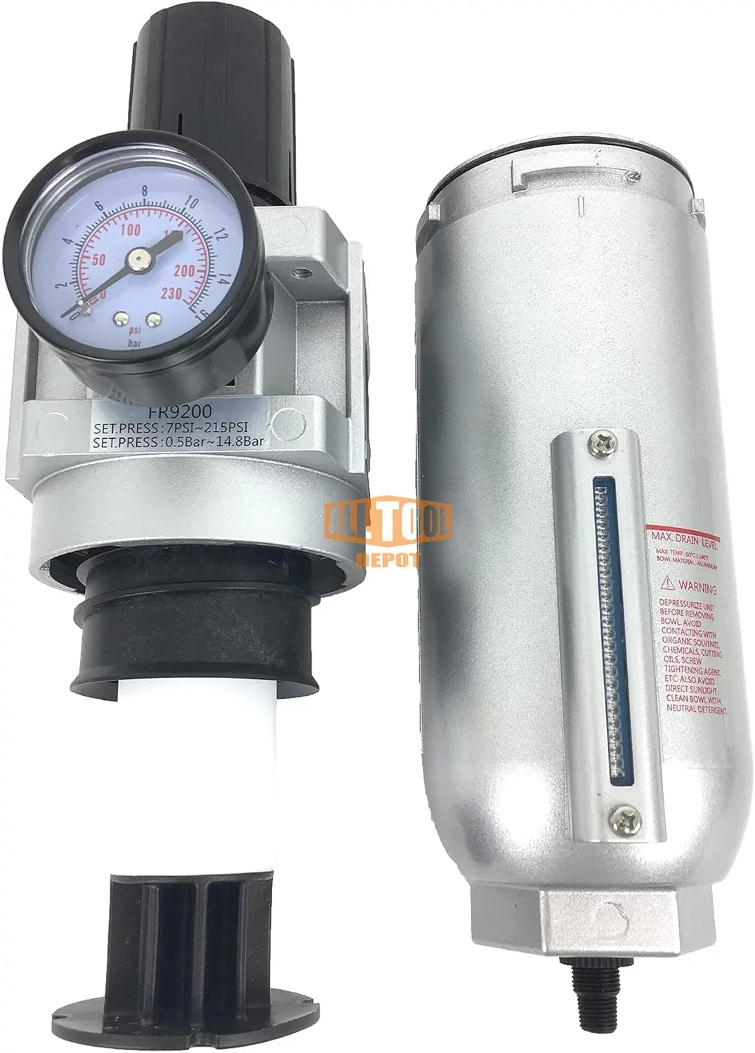 Compressed Air In Line Filter Regulator Combo Piggyback, Metal Bowl, 5 Micron , Adjustable From 7 To 175  ( )