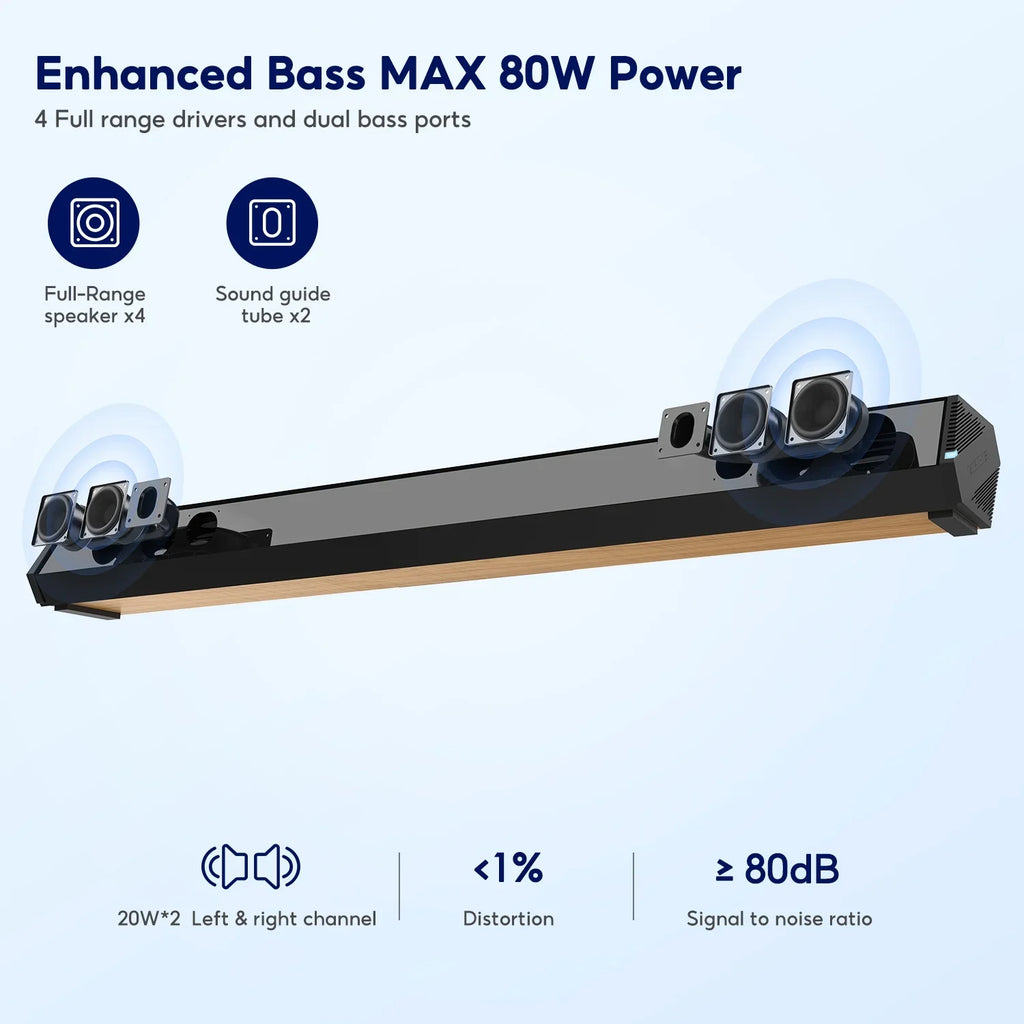 Soundbar 28-Inch 60W with -, Bluetooth 5.0, Optical Coaxial   Connection, 4 Speakers, 3 EQs, 110dB Surround Sound Bar Home Theater Audio Soundbar System for