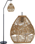 Maxax Rattan Boho Floor Lamp Farmhouse Arc Standing Lamp with Larger Woven Rattan Lamp Shade, Black