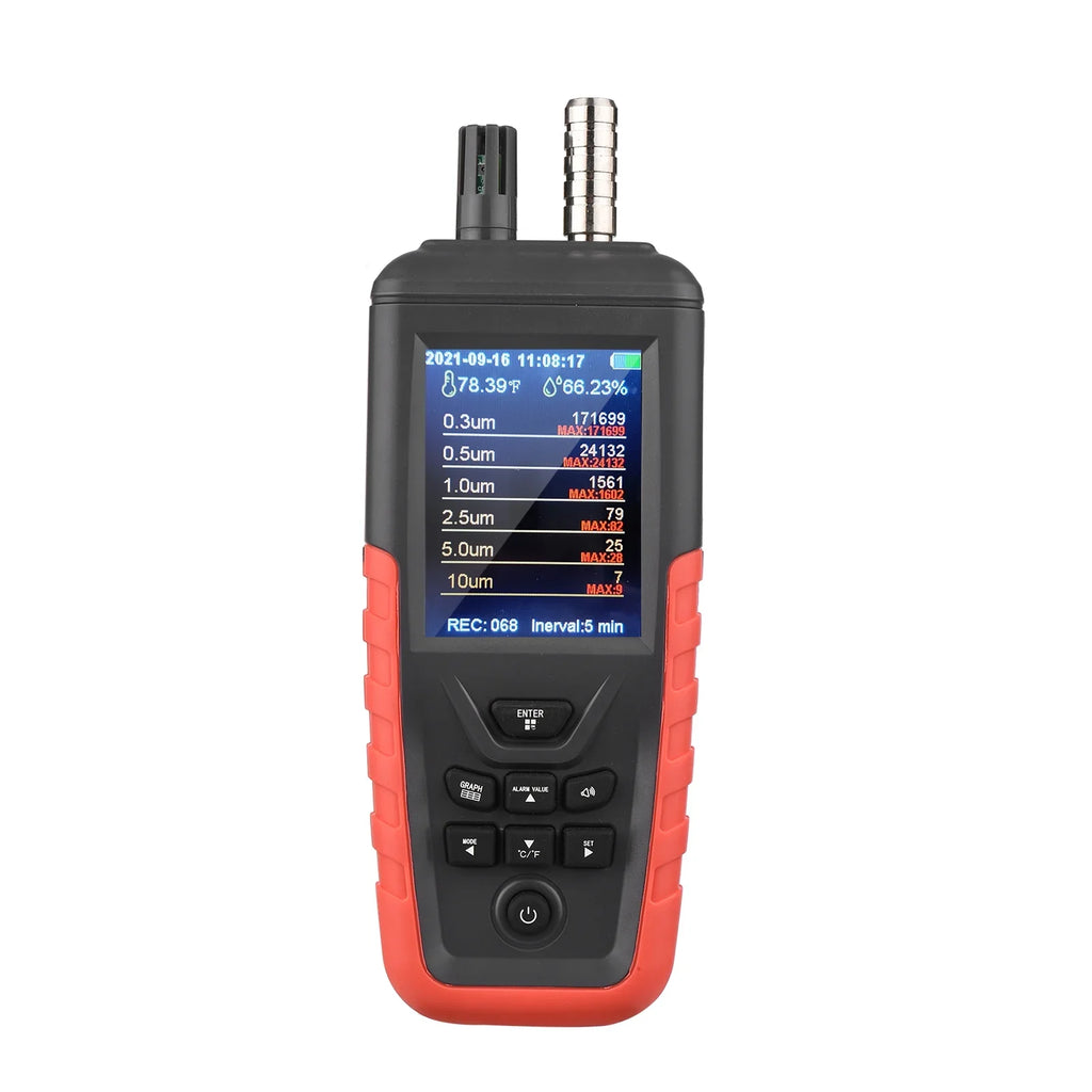 Walmeck Dust Particle Counter 6-Channel 0.3um/ 0.5μm/ 1.0μm/ 2.5μm/ 5.0μm/ 10um .5  Detector with 3.2-inch Backlight  Color Screen Air Quality Tester Temperature Humidity Home Offi