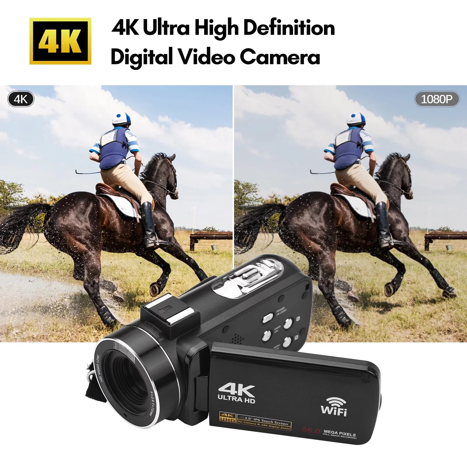 Andoer-2 4K Digital Video Camera WiFi Camcorder  Recorder 56MP 18X Digital Zoom 3.0 Inch  Touchscreen Supports Face Detection  Night Vision -shake with 2pcs Batteries + Remote Control + Carry