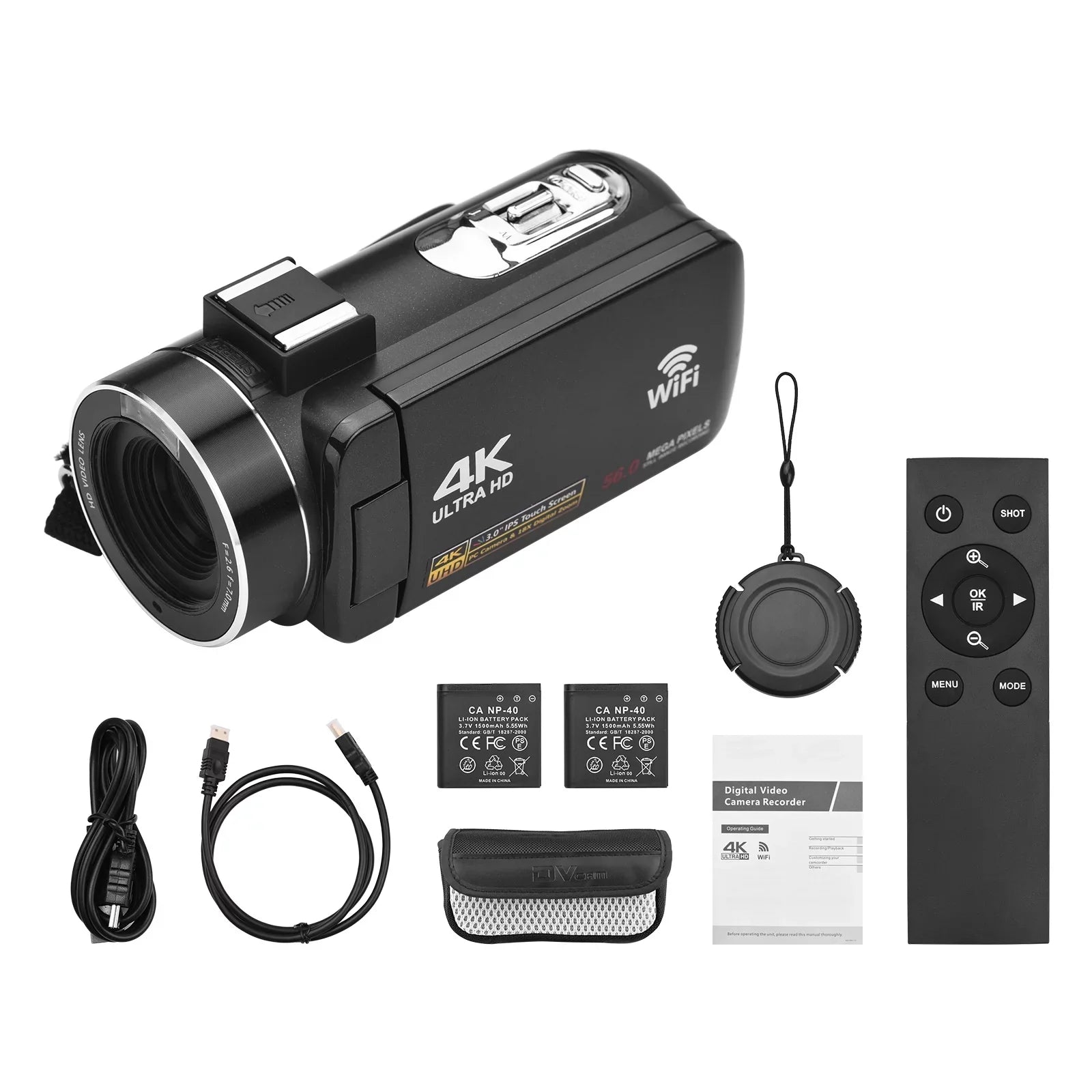 Andoer-2 4K Digital Video Camera WiFi Camcorder  Recorder 56MP 18X Digital Zoom 3.0 Inch  Touchscreen Supports Face Detection  Night Vision -shake with 2pcs Batteries + Remote Control + Carry