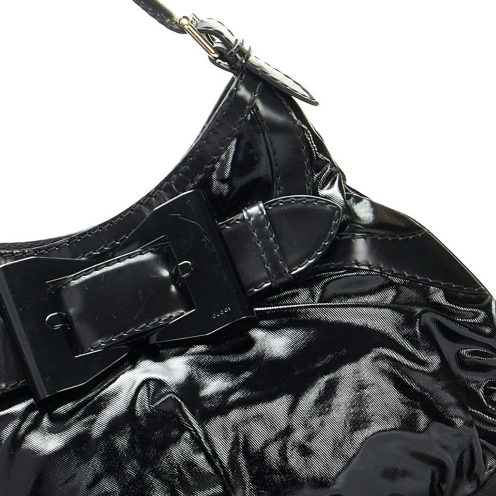 Pre-Owned Gucci Ribbon Handbag Hobo Bag 189885 Black Patent Leather Ladies  (Good)