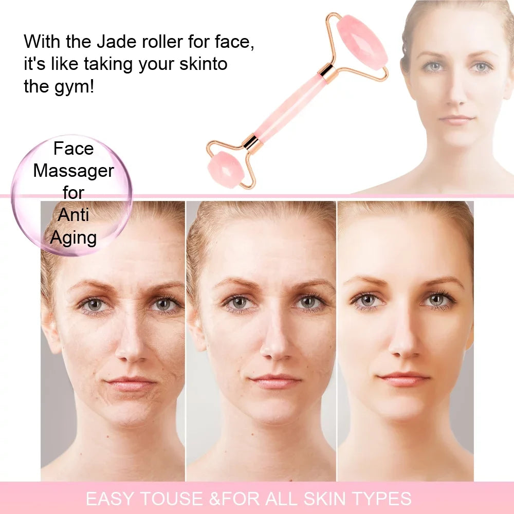Jade Roller, Face Roller, Facial Beauty Roller Skin Care Tools, Rose Quartz Massager for Face, Eyes, Neck, Body Muscle Relaxing and Relieve Fine Lines and Wrinkles Gua Sha