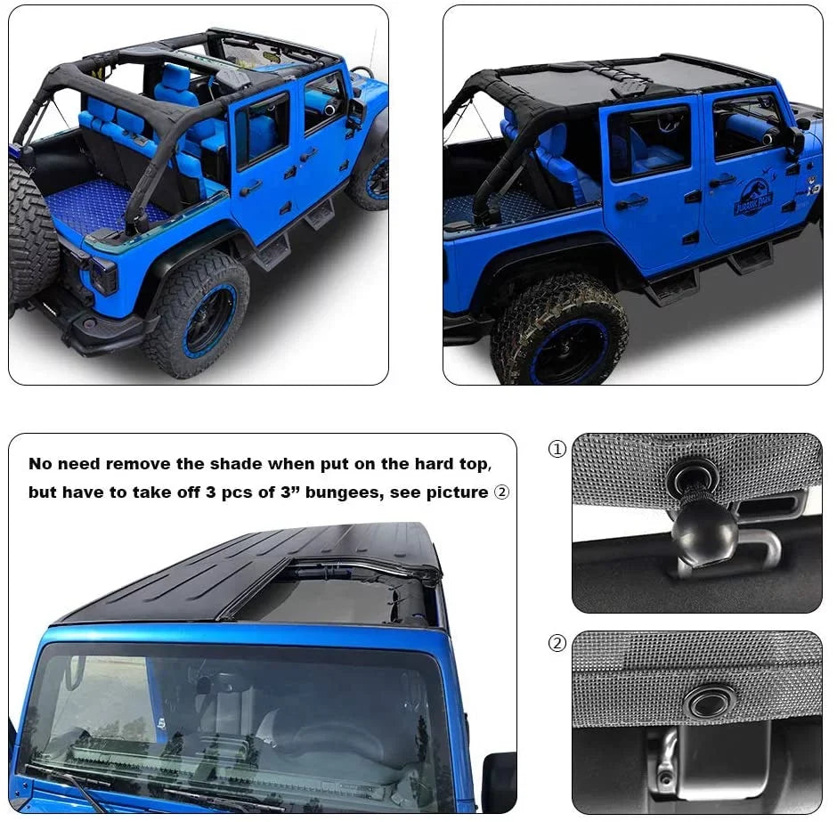 Shadeidea Jeep Wrangler Sunshade  Top Sun Shade  Unlimited (2007-2018) 4-Door Front & Rear-Gray Mesh Screen Cover  Blocker with Grab Bag-10 Years Warranty
