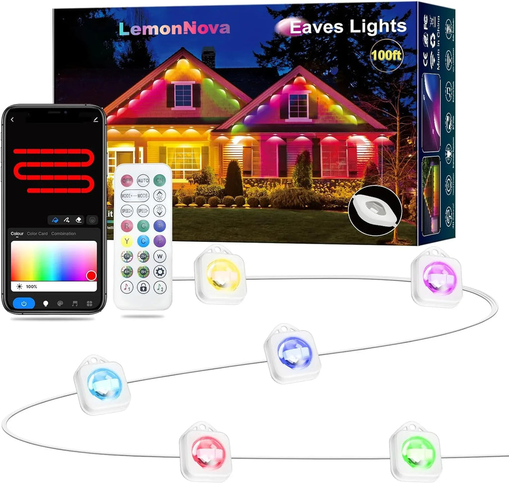 Permanent Outdoor Lights, 100ft with 72  Eaves Lights  Waterproof,  Outdoor Lights with  Scene Modes, Suitable for Holiday and Daily Using, Work with Remote & Alexa
