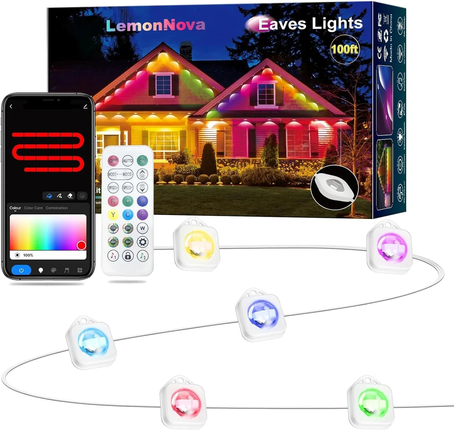Permanent Outdoor Lights, 100ft with 72  Eaves Lights  Waterproof,  Outdoor Lights with  Scene Modes, Suitable for Holiday and Daily Using, Work with Remote & Alexa