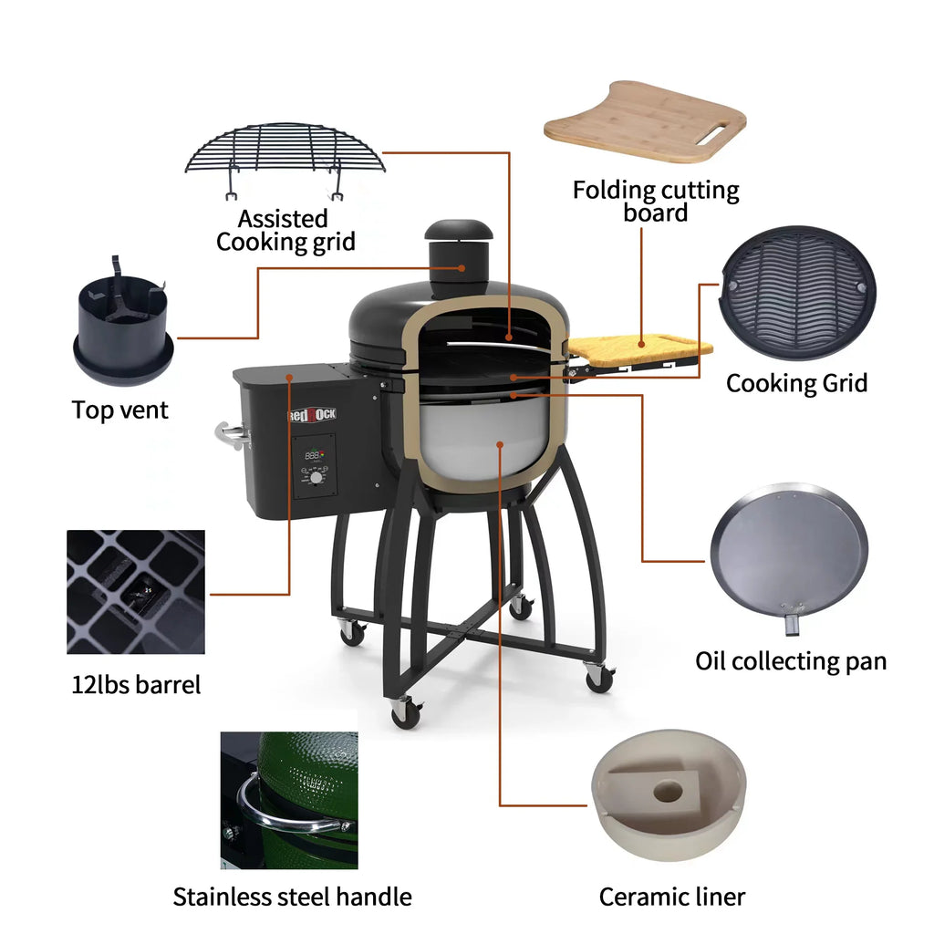 24 "Ceramic Pellet Grill with 19.6" diameter Gridiron Double Ceramic Liner 4-in-1 Smoked Roasted  Pan-roasted for Outdoors Patio
