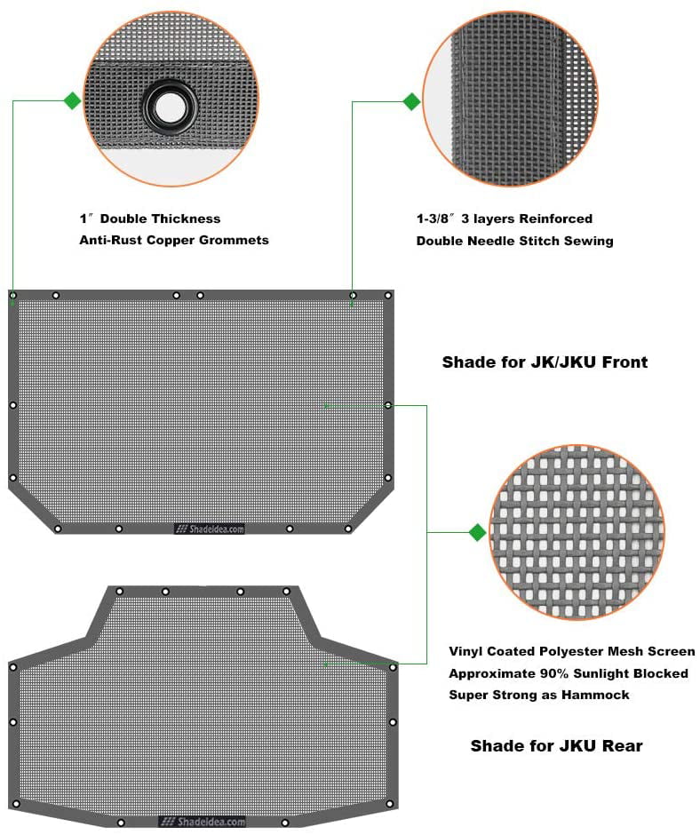 Shadeidea Jeep Wrangler Sunshade  Top Sun Shade  Unlimited (2007-2018) 4-Door Front & Rear-Gray Mesh Screen Cover  Blocker with Grab Bag-10 Years Warranty