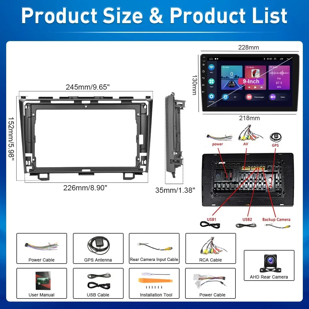 For Honda  2007-2011 9'' Touchscreen Car Stereo Radio Player Wireless Carplay Android Auto Mirror Link  1080P Android 12 Bluetooth     Hifi,  Backup Camera