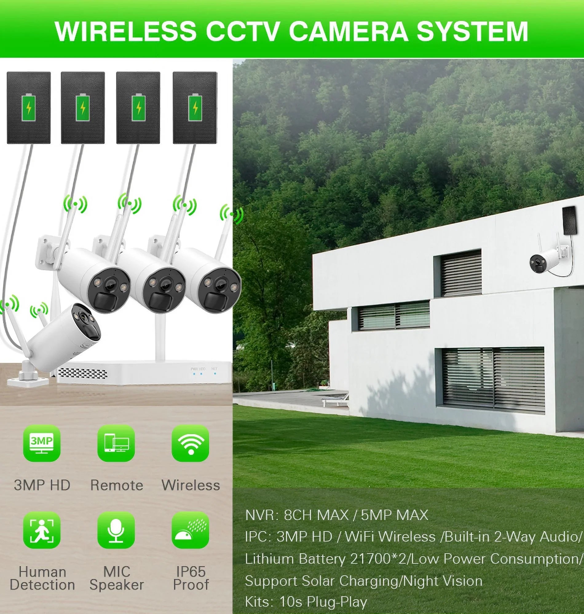 8CH WiFi  System 4Pcs 3MP Battery Camera , 4 Solar Panels ,  2.5inch  Wireless