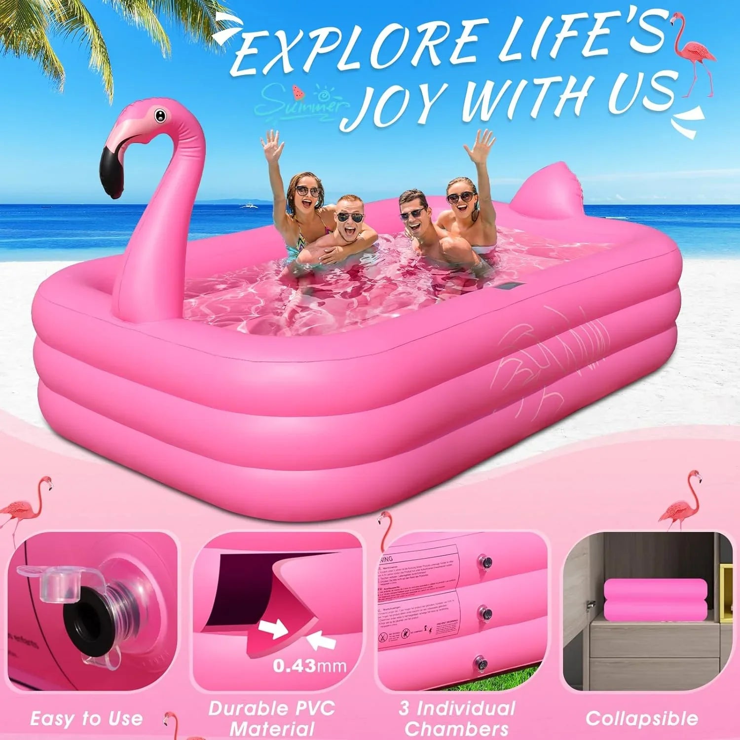 Inflatable Pool with Lights, 2024 Solar Flamingo Swimming Pool for Kids,Adults Inflatable Blow up Pool, Large Kiddie Pool, Durable Thickened 105"x65"x25" Inflatable Family Pool for Backyard,Outdoor