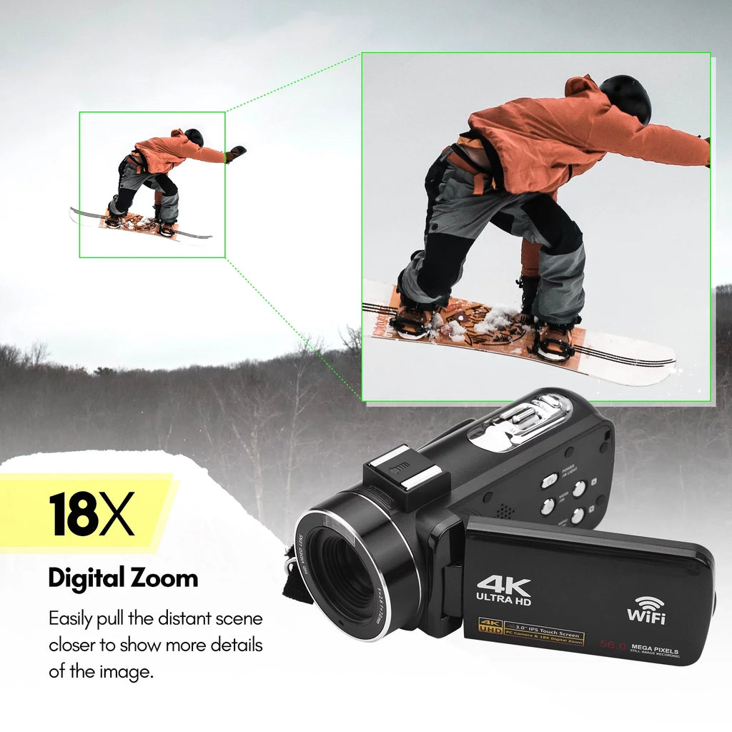 Andoer-2 4K Digital Video Camera WiFi Camcorder  Recorder 56MP 18X Digital Zoom 3.0 Inch  Touchscreen Supports Face Detection  Night Vision -shake with 2pcs Batteries + Remote Control + Carry