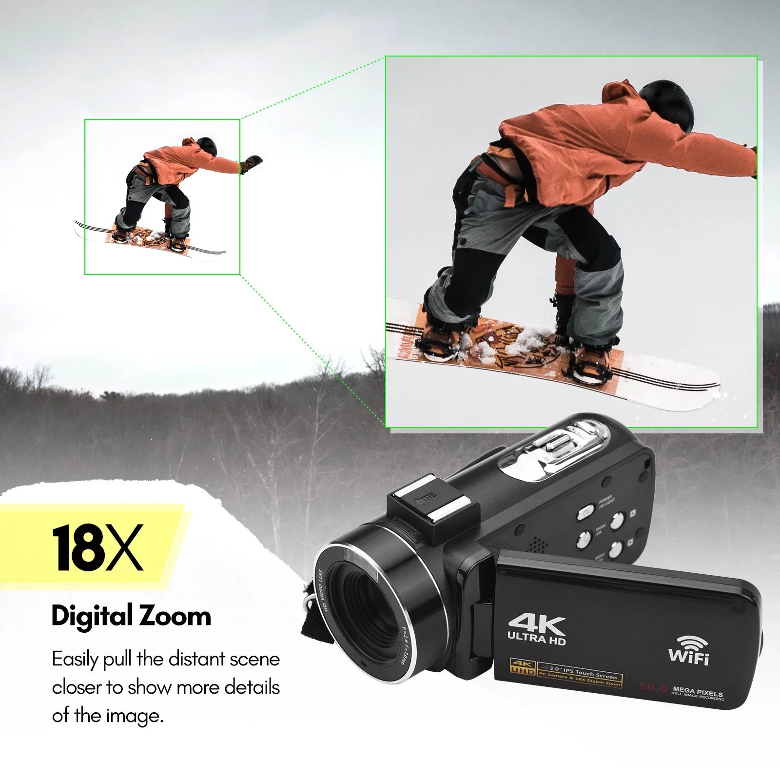 Andoer-2 4K Digital Video Camera WiFi Camcorder  Recorder 56MP 18X Digital Zoom 3.0 Inch  Touchscreen Supports Face Detection  Night Vision -shake with 2pcs Batteries + Remote Control + Carry