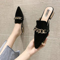 Luxury Slides Square Toe Ladies Shoes Summer Fashion Footwear Square Low Heels Shoe Slides Slippers Women 2023 Chain Mules black 37